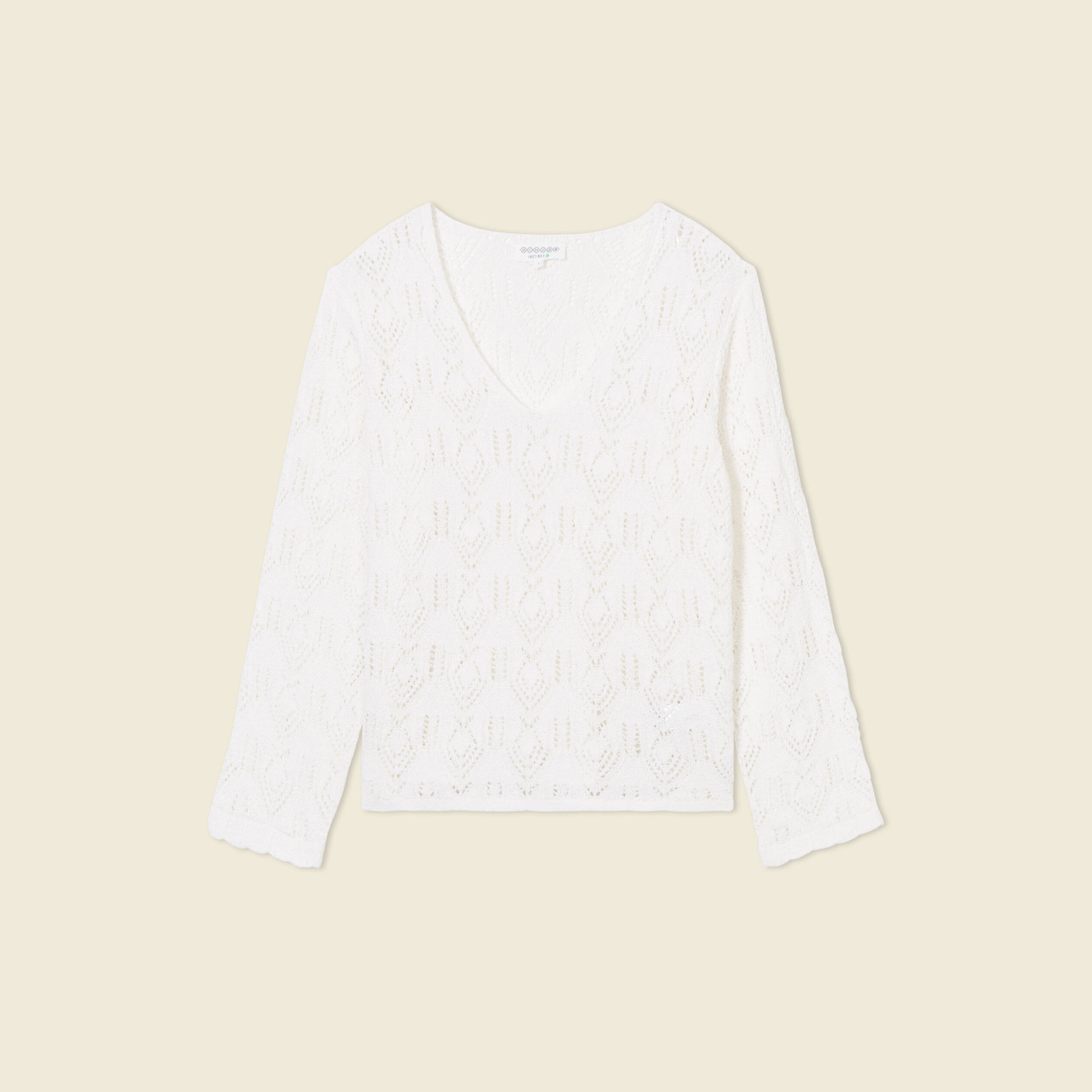 Pull ajour&eacute; col v manches longues ecru femme
