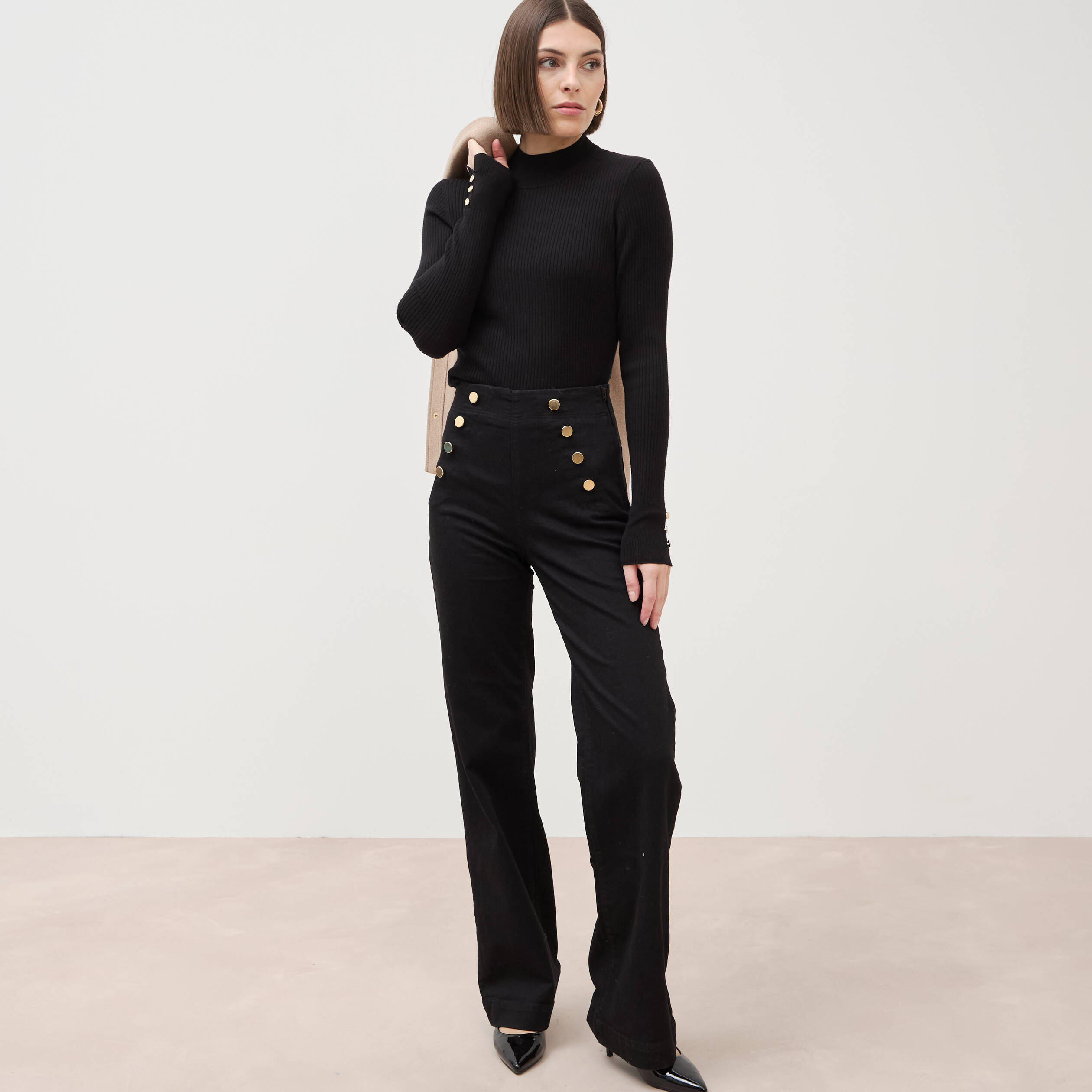 Jeans flare &agrave; pont denim noir femme