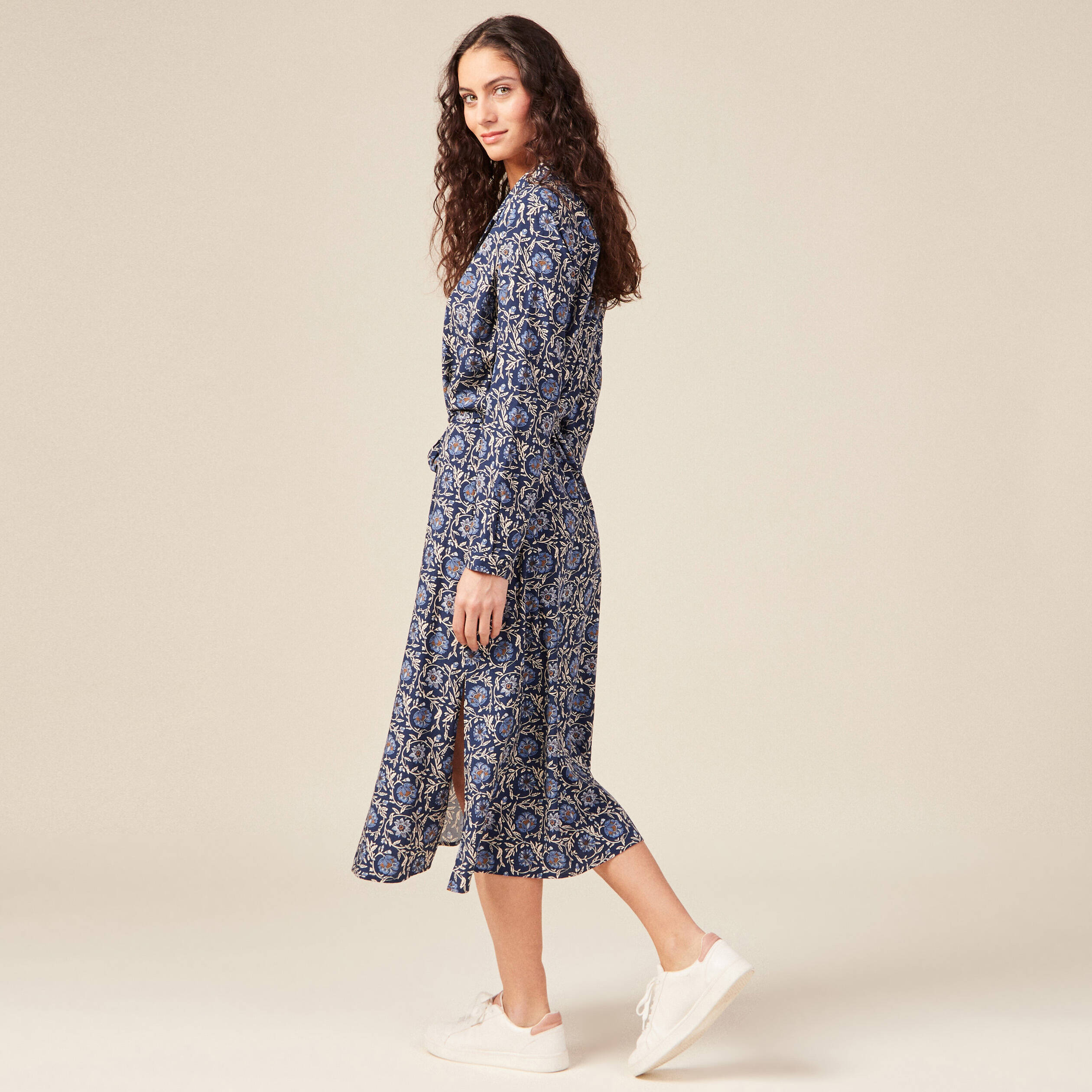 Robe longue droite manches longues bleu femme