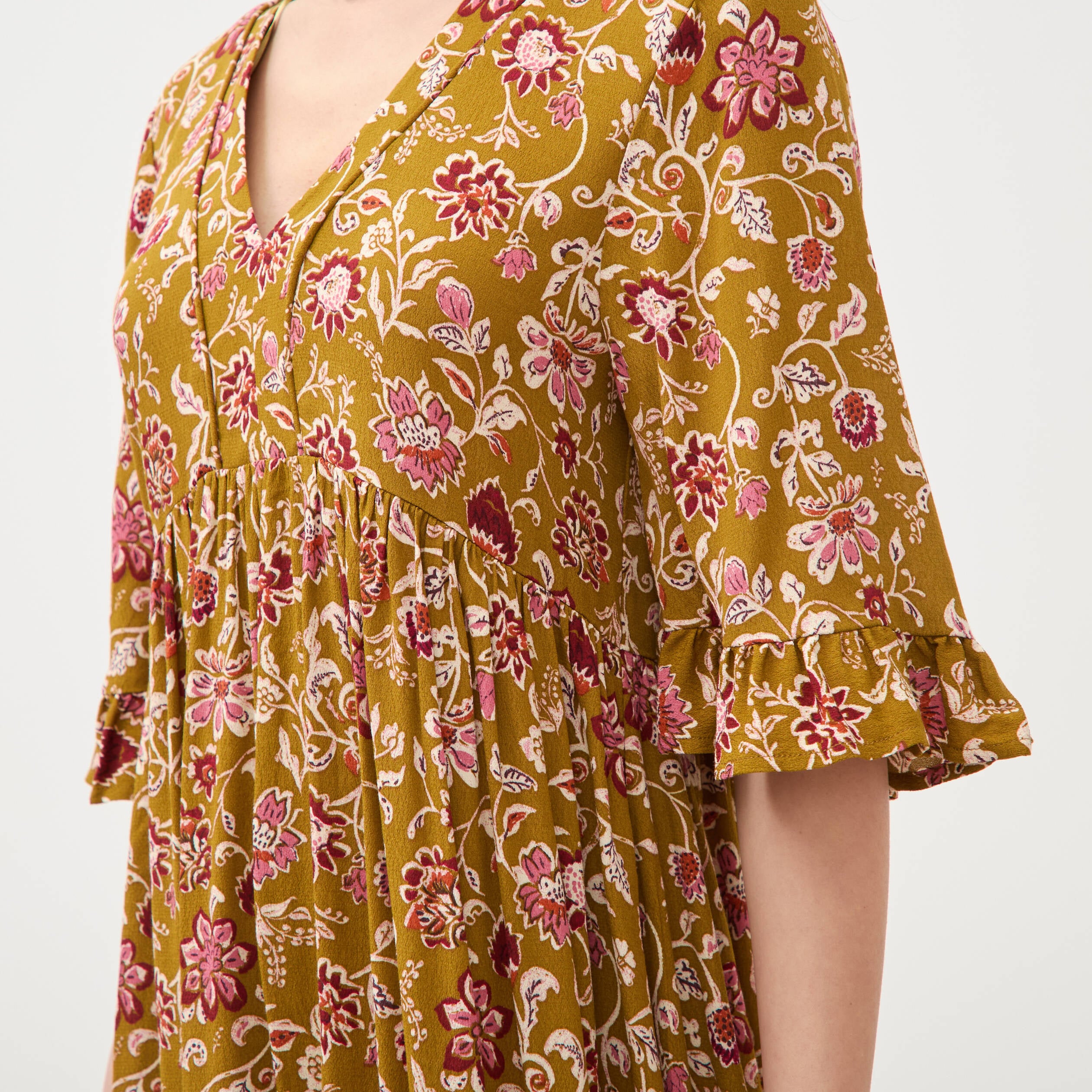 Robe col v manches au coude vert olive femme