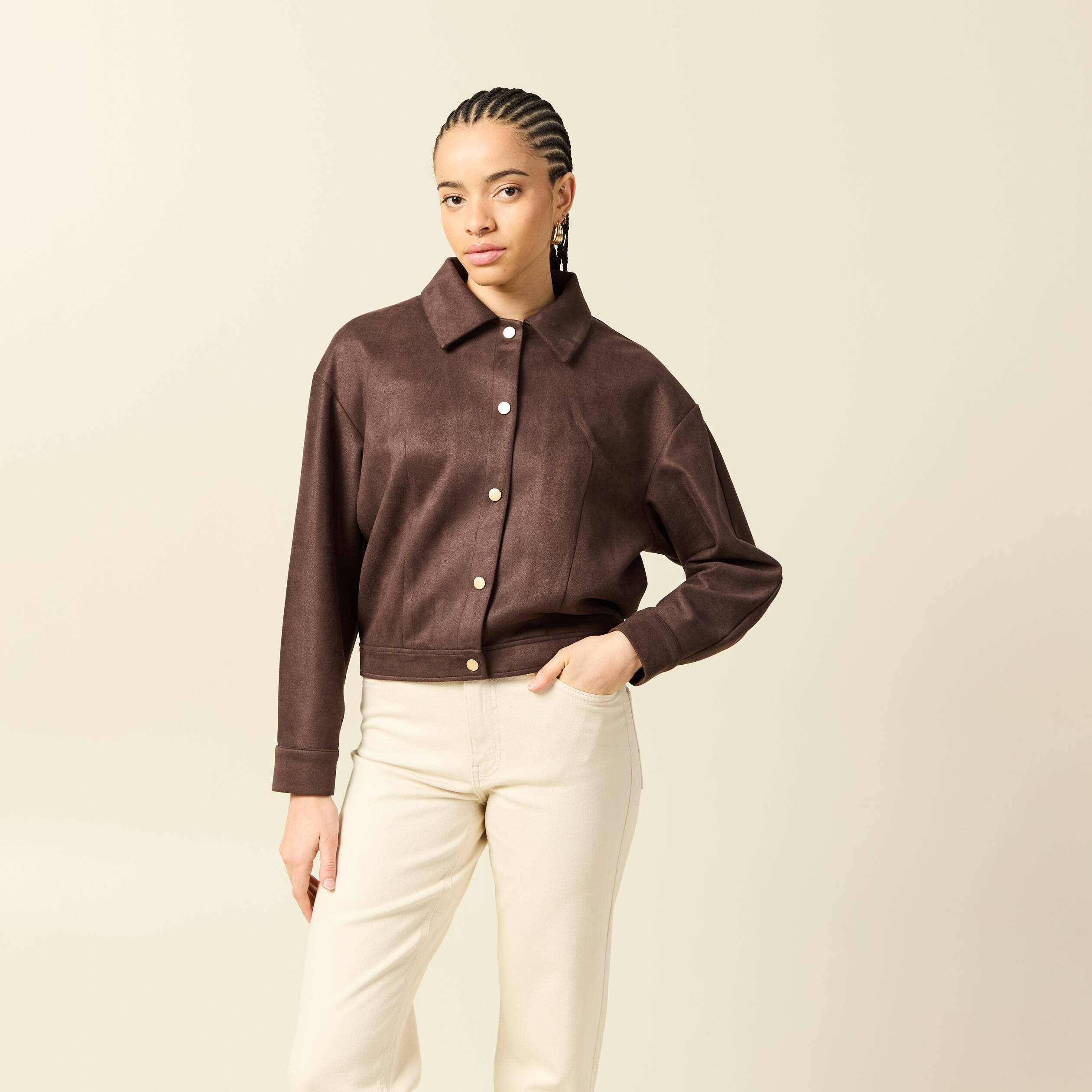 Veste oversize manches longues marron fonc&eacute; femme
