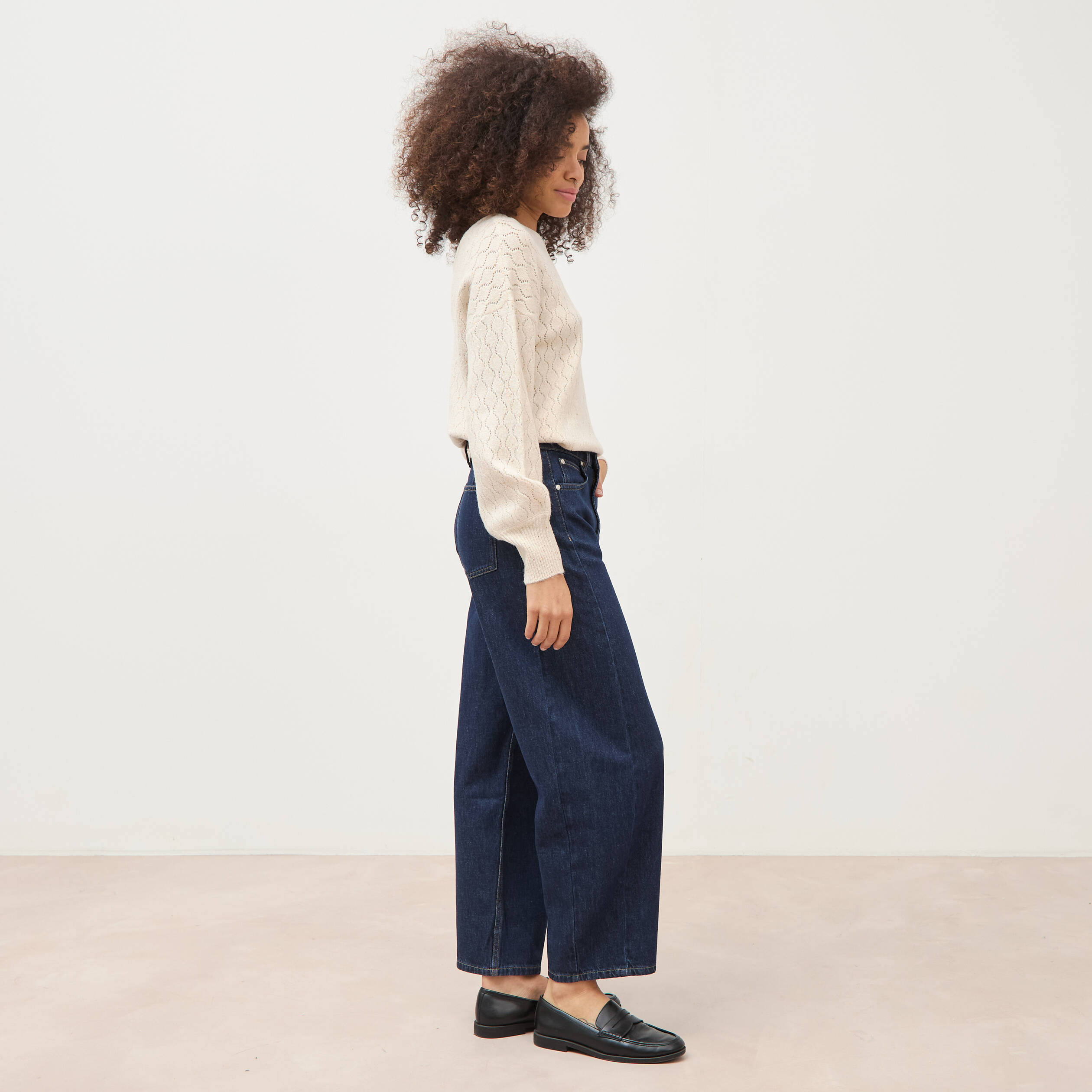 Jeans barrel taille haute broderie denim brut clean femme