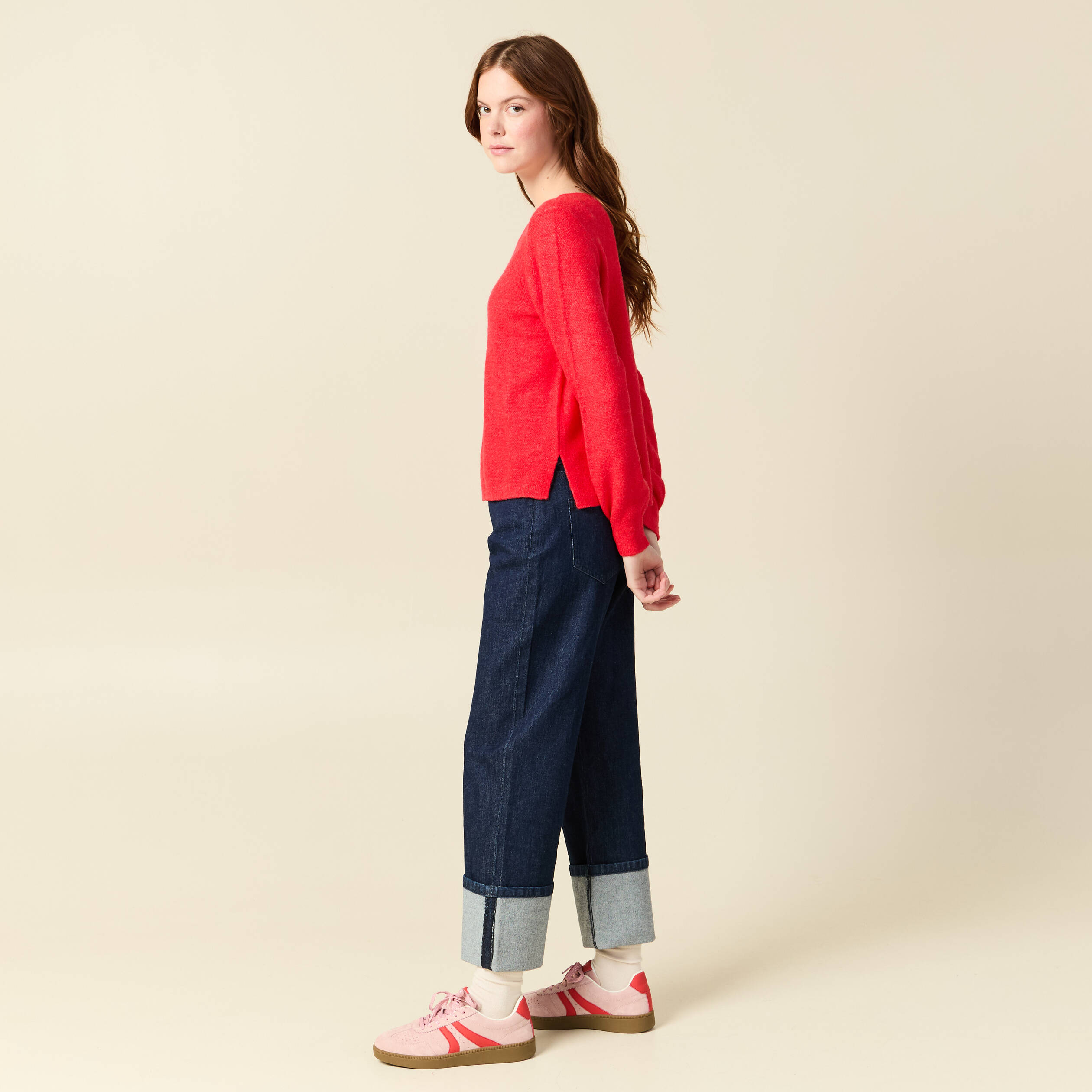 Pull col bateau manches longues rouge femme