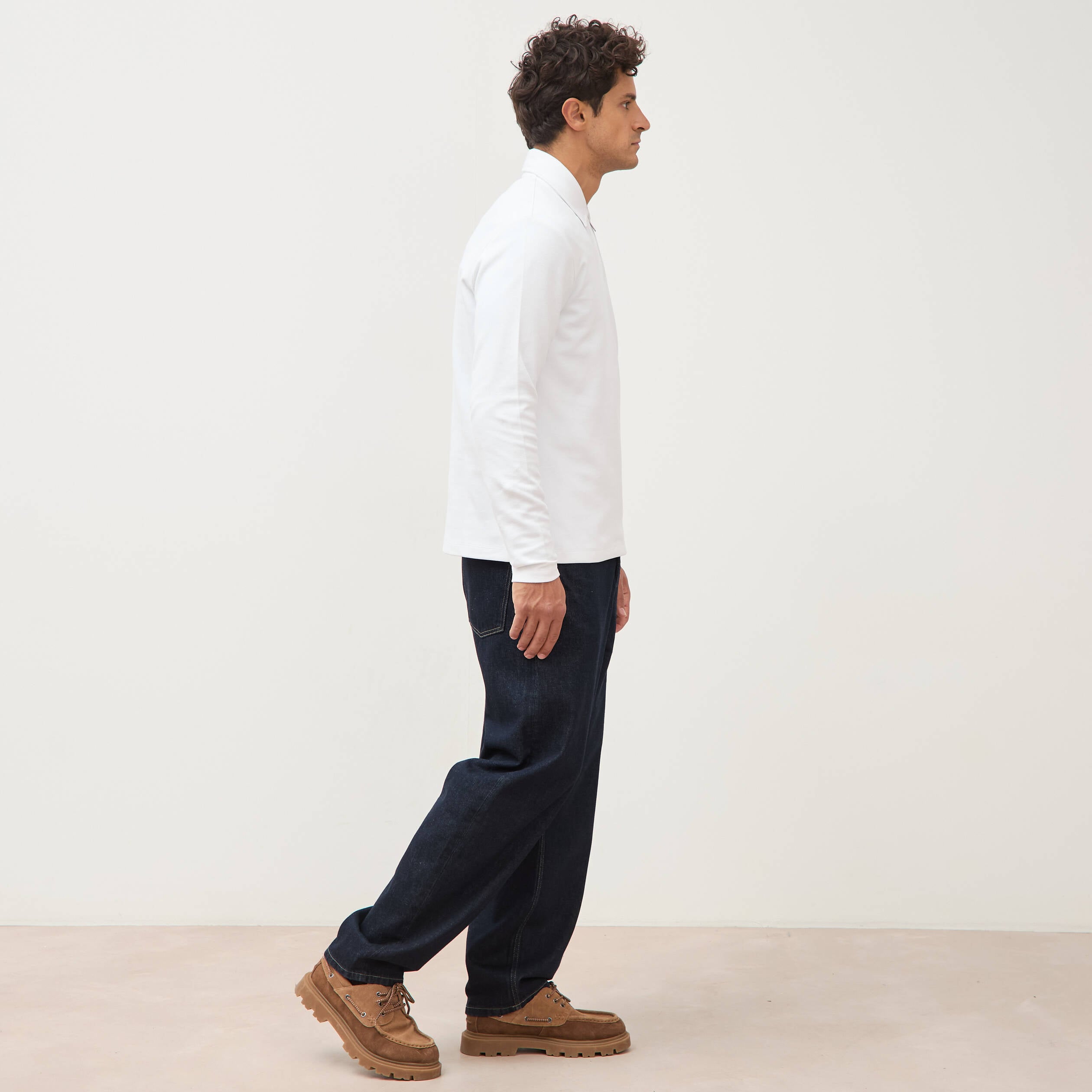 Polo droit manches longues blanc homme
