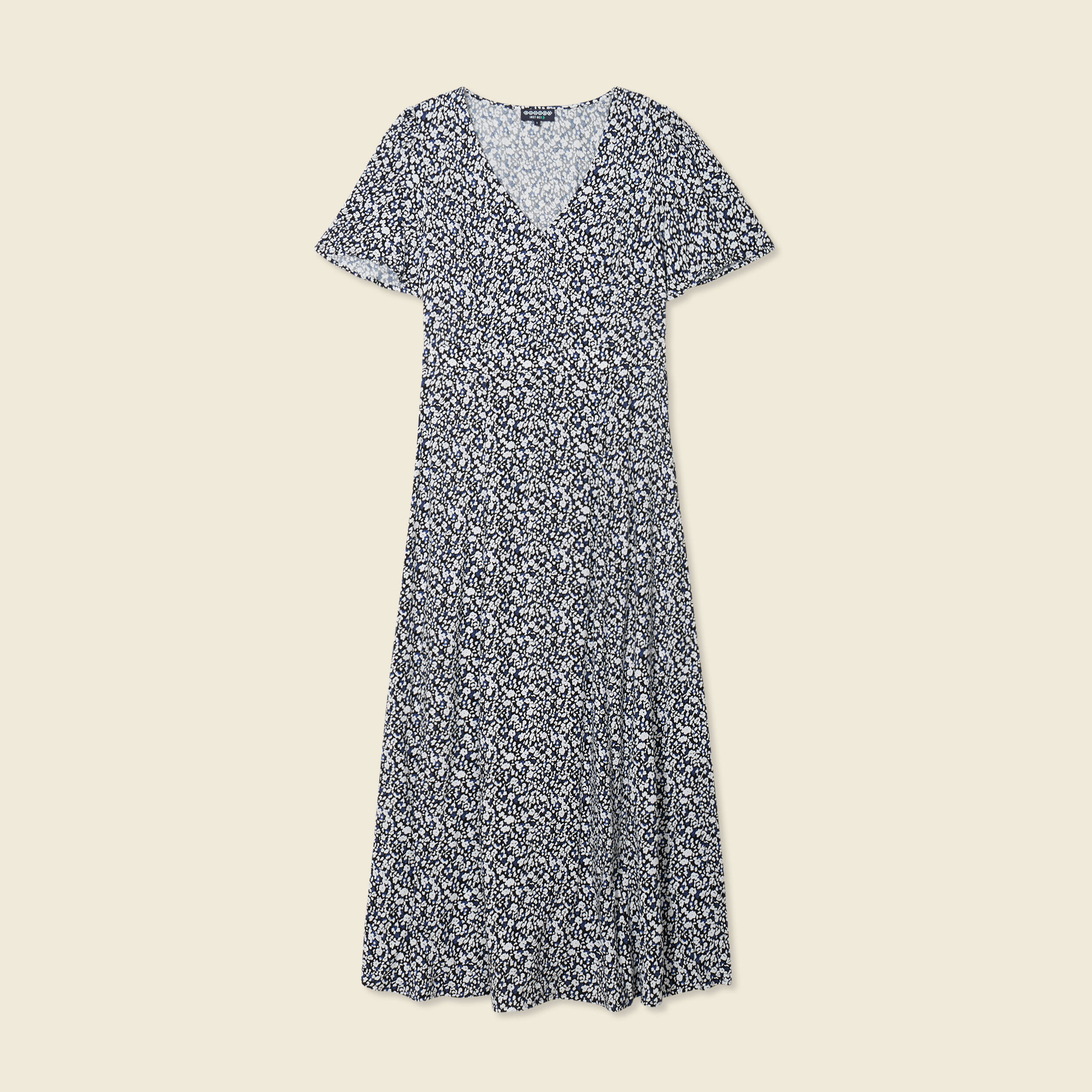 Robe longue droite col v manches courtes bleu femme