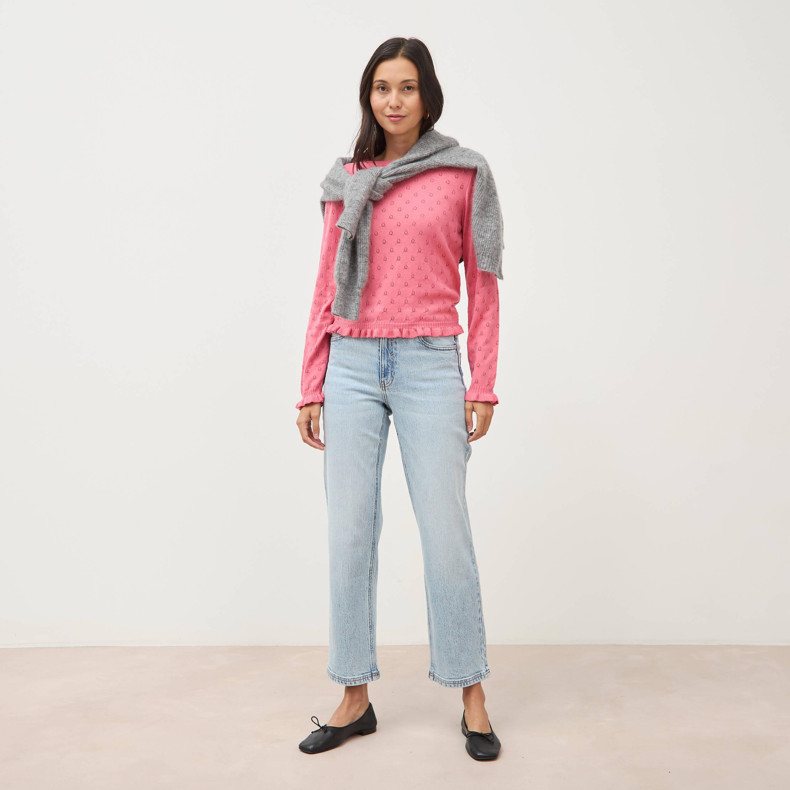 Pull droit col rond manches longues vieux rose femme