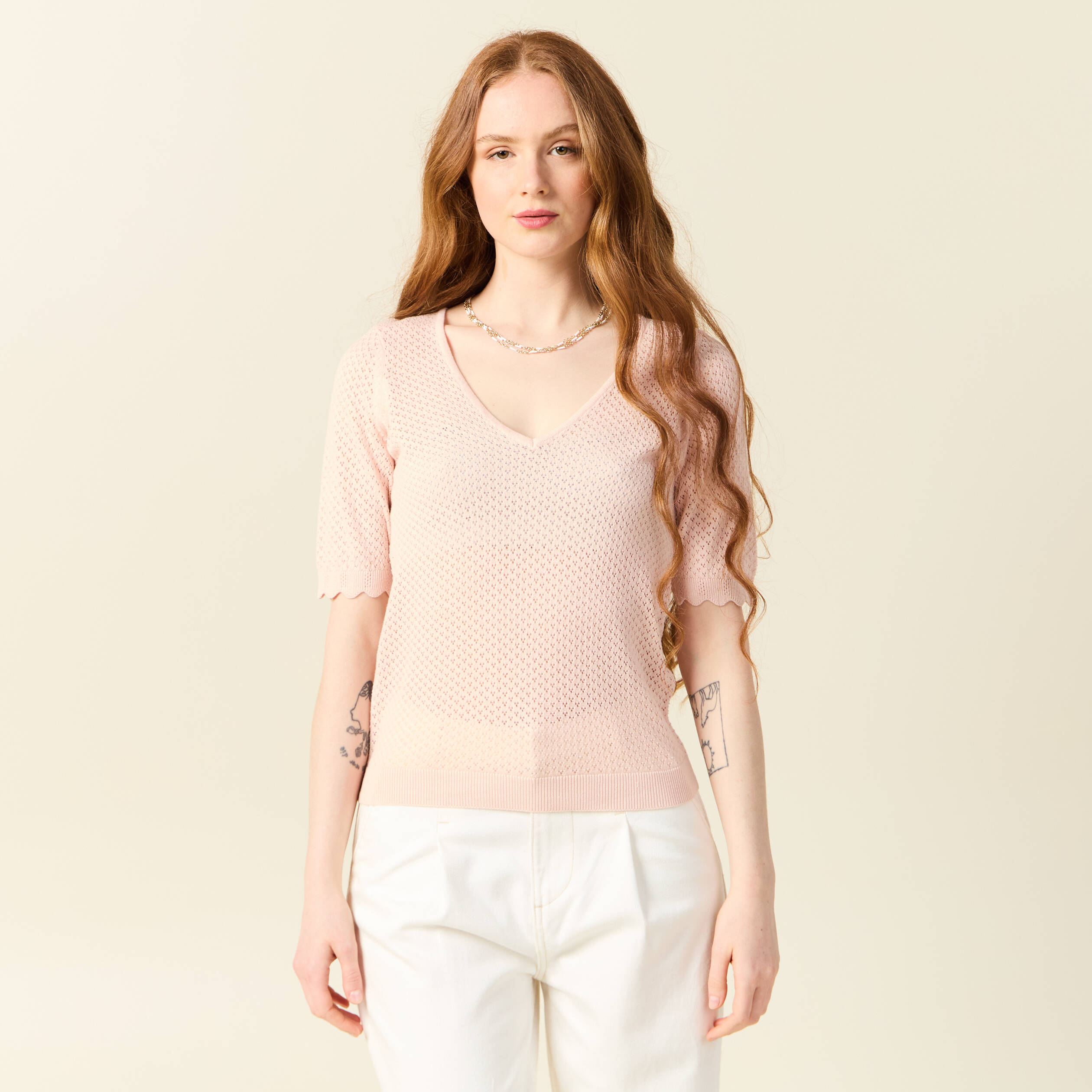 pull manches courtes ajoure rose poudree femme Pull manches courtes ajouré rose poudrée femme
