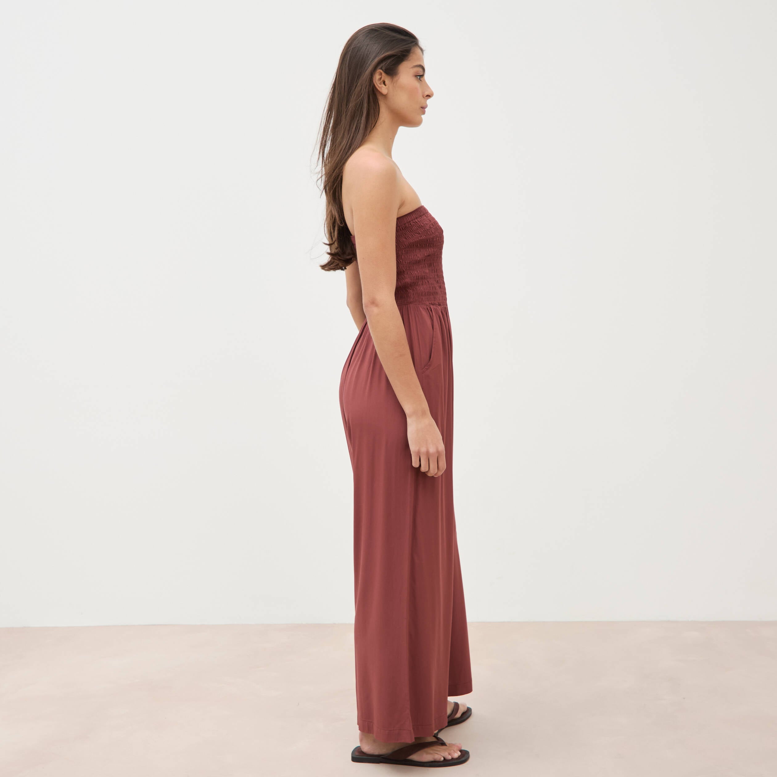 Combinaison bustier sans manches marron cognac femme