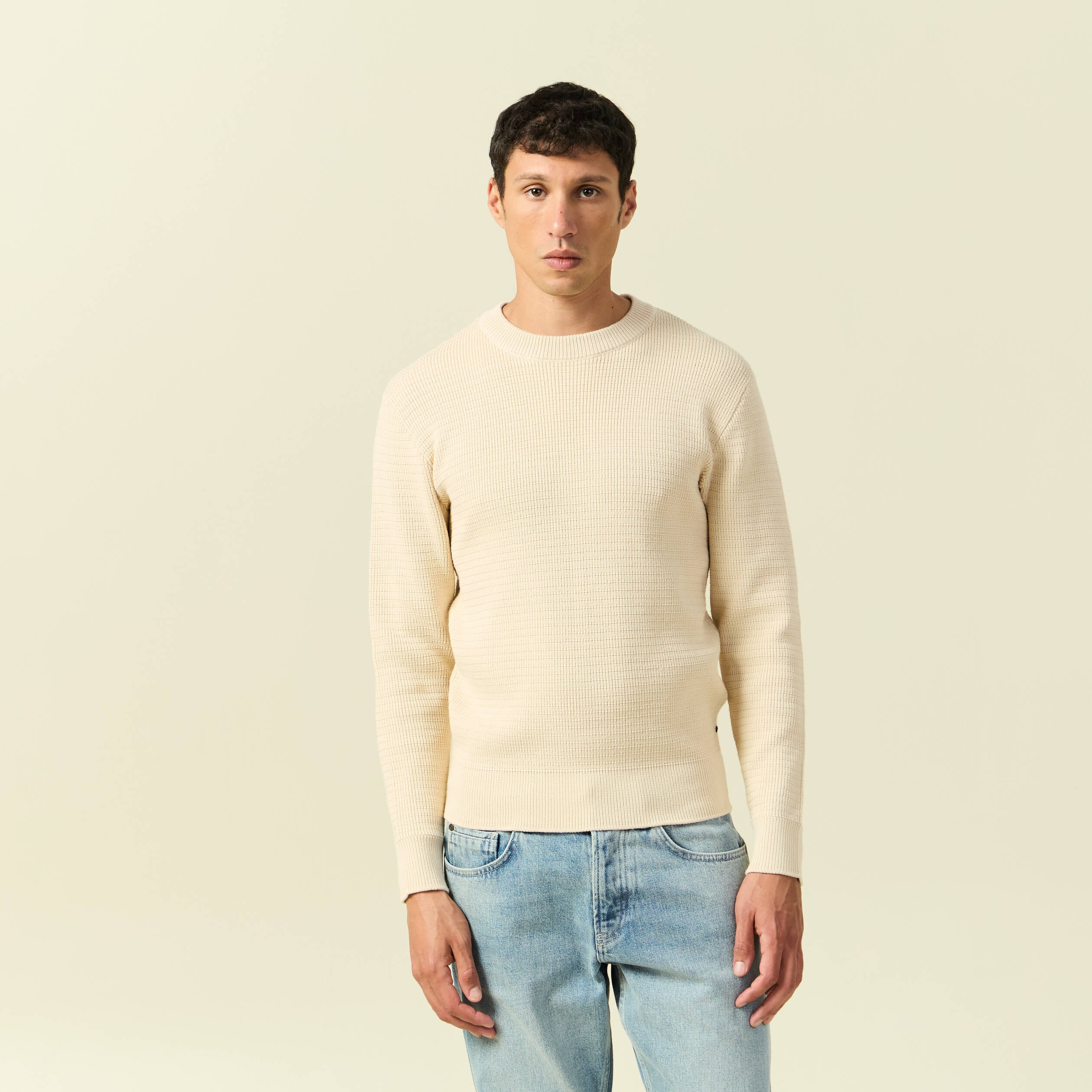 Pull col rond manches longues sable homme