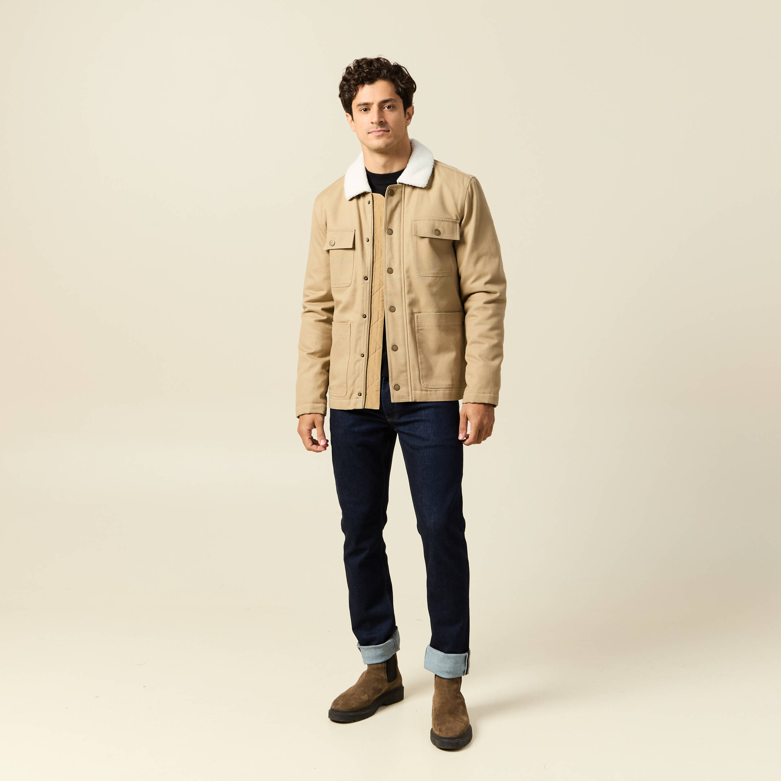 Blouson boutonn&eacute; col aviateur beige homme