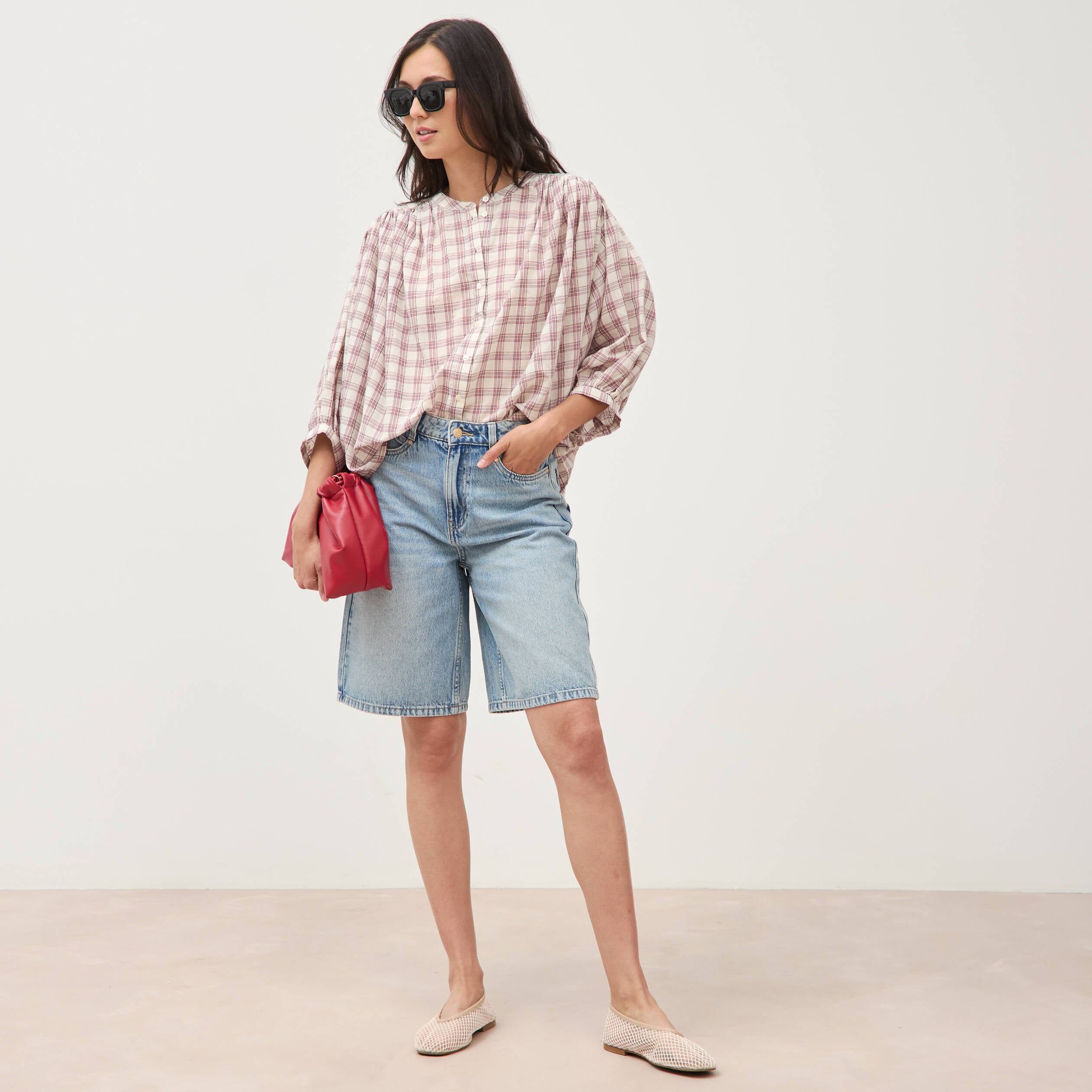 Chemise oversize &agrave; carreaux marron cognac femme