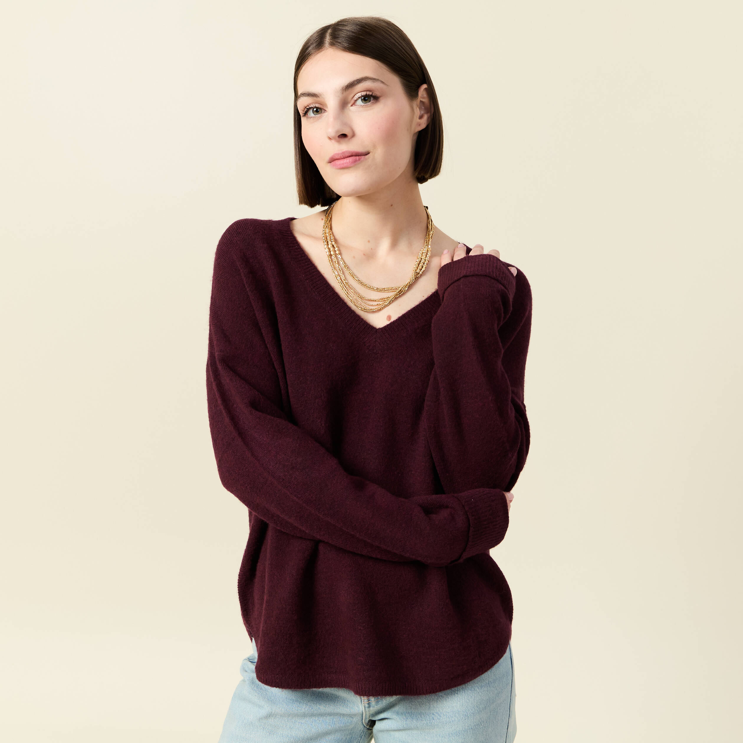 pull manches longues col en v prune femme Pull manches longues col en V prune femme
