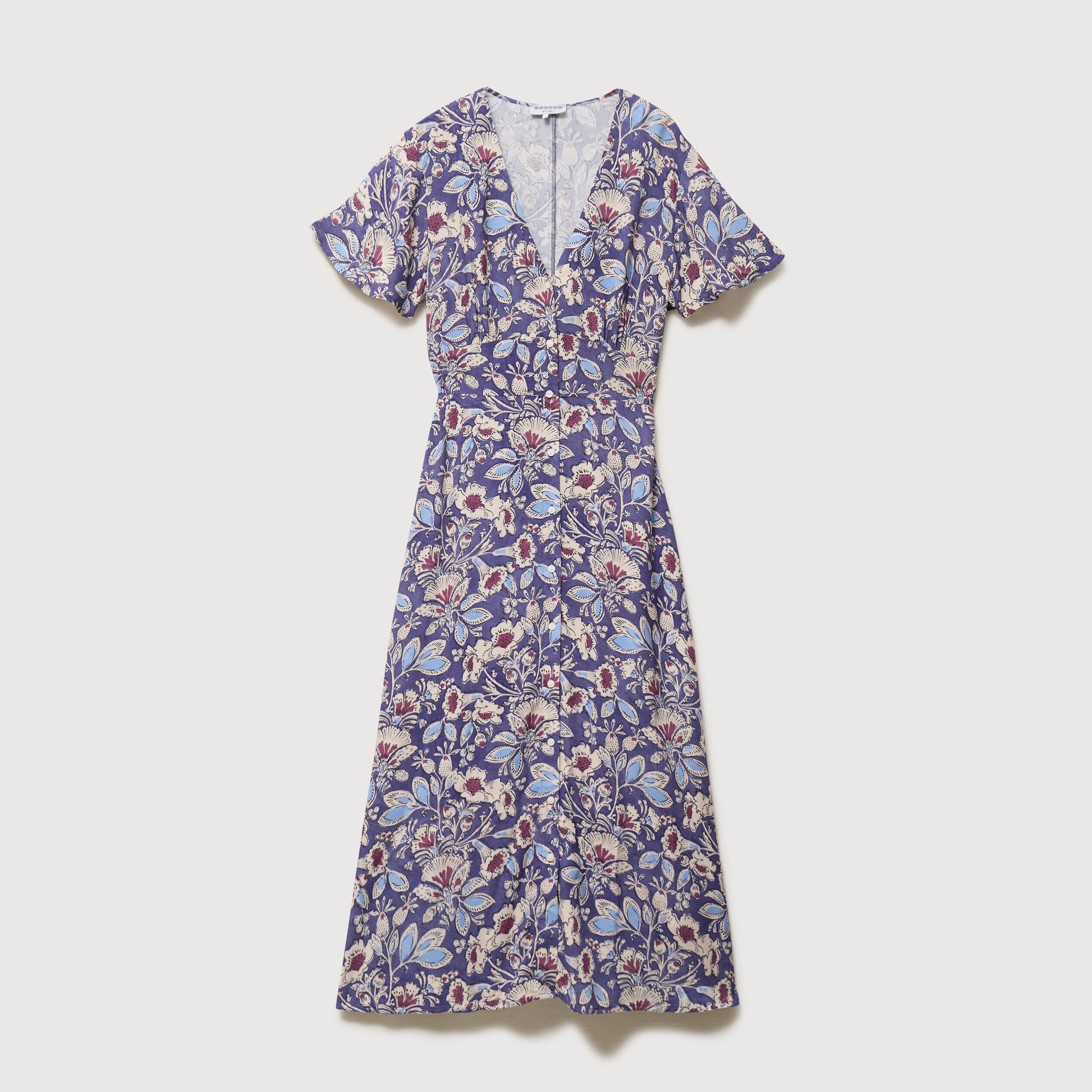 Robe droite 3/4 col v manches courtes bleu femme