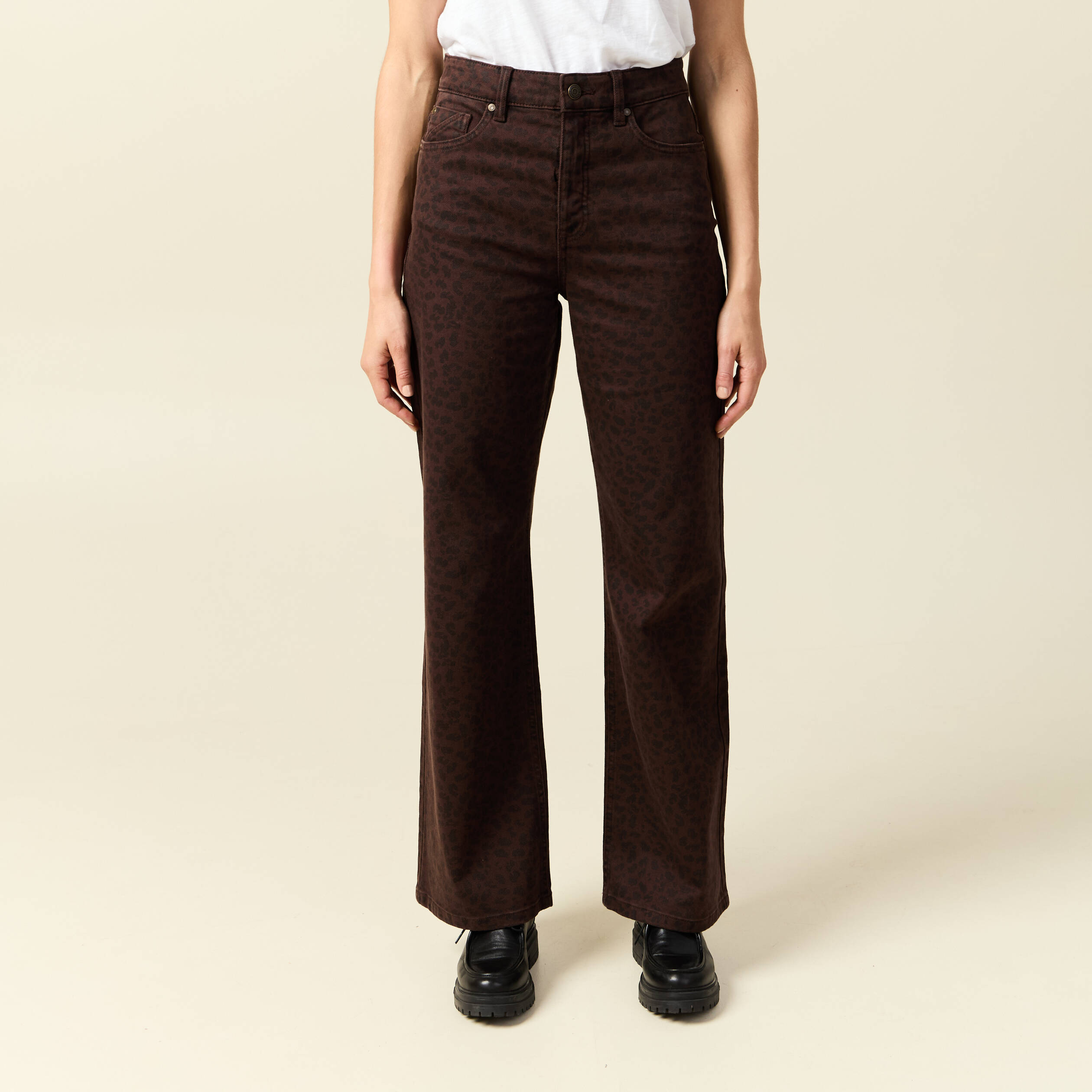 pantalon large taille haute en jeans marron cognac femme Pantalon large taille haute en jeans marron cognac femme