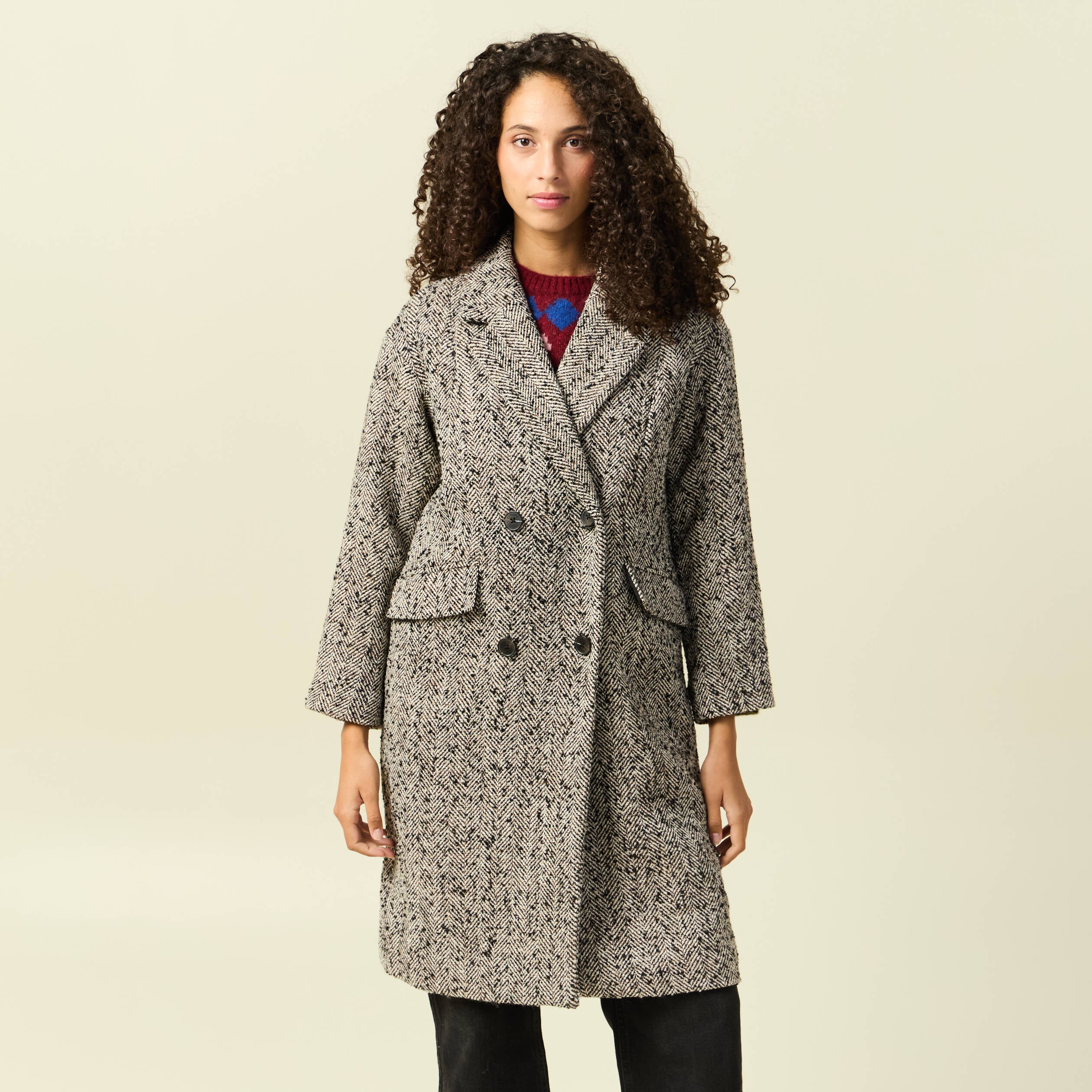 Manteau long oversize col montant gris fonc&eacute; femme