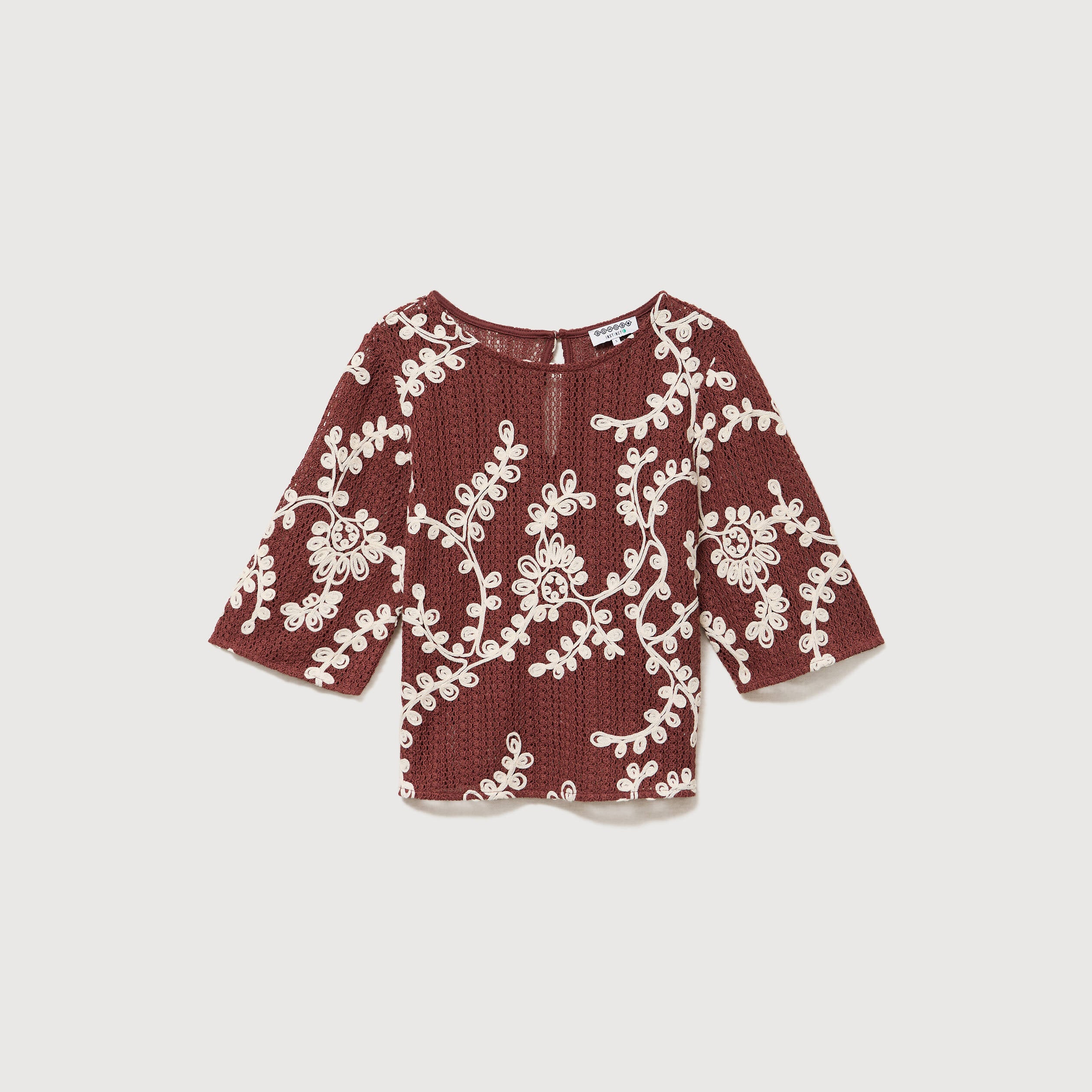 T-shirt brod&eacute; col rond manches 3/4 marron cognac femme