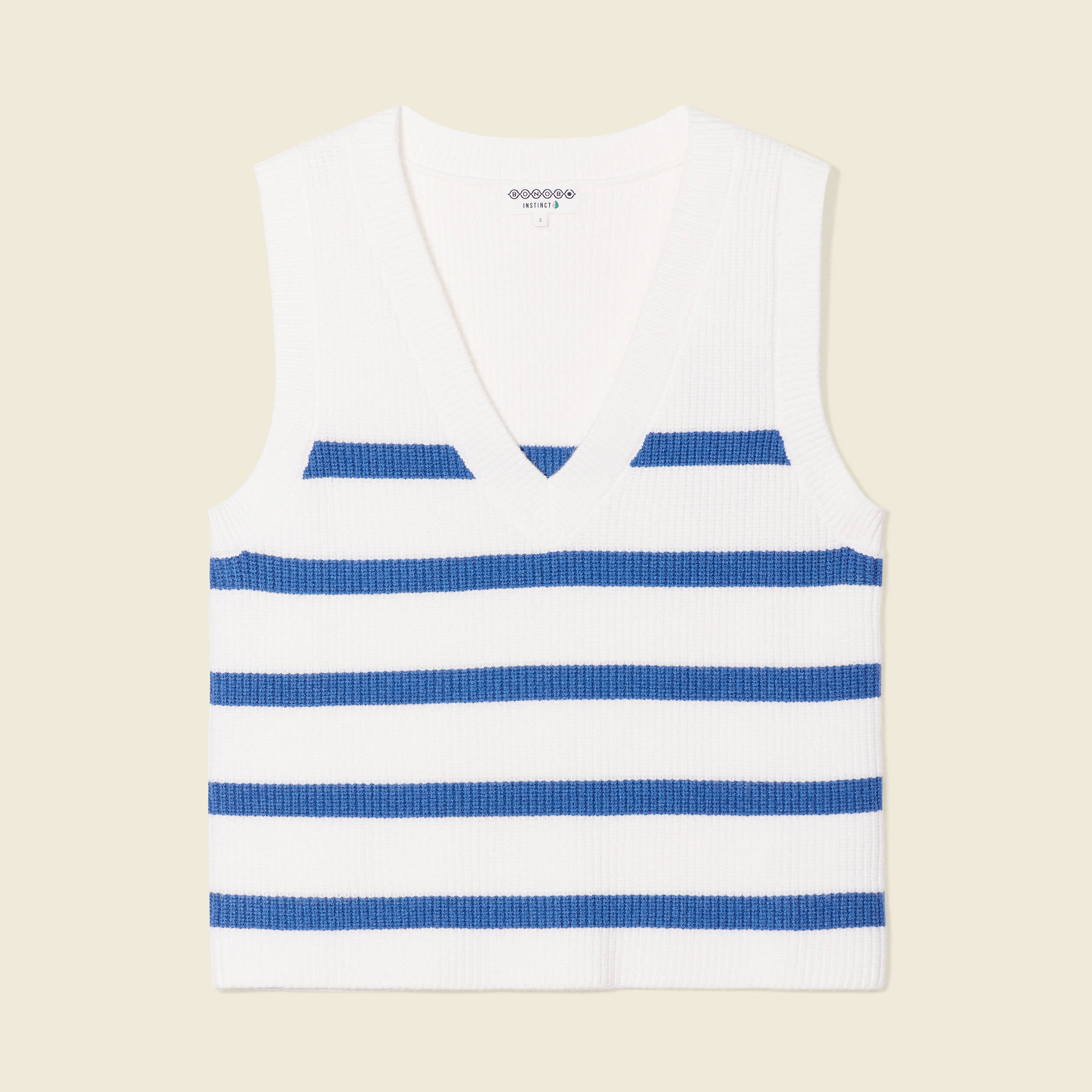 Pull droit court sans manches col v ecru femme