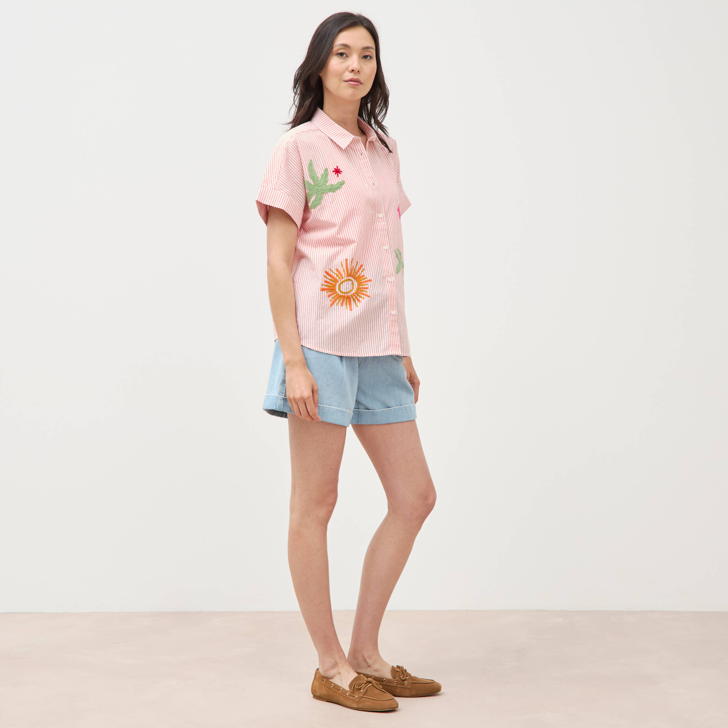 Chemise ample en coton &agrave; broderie orange abricot femme