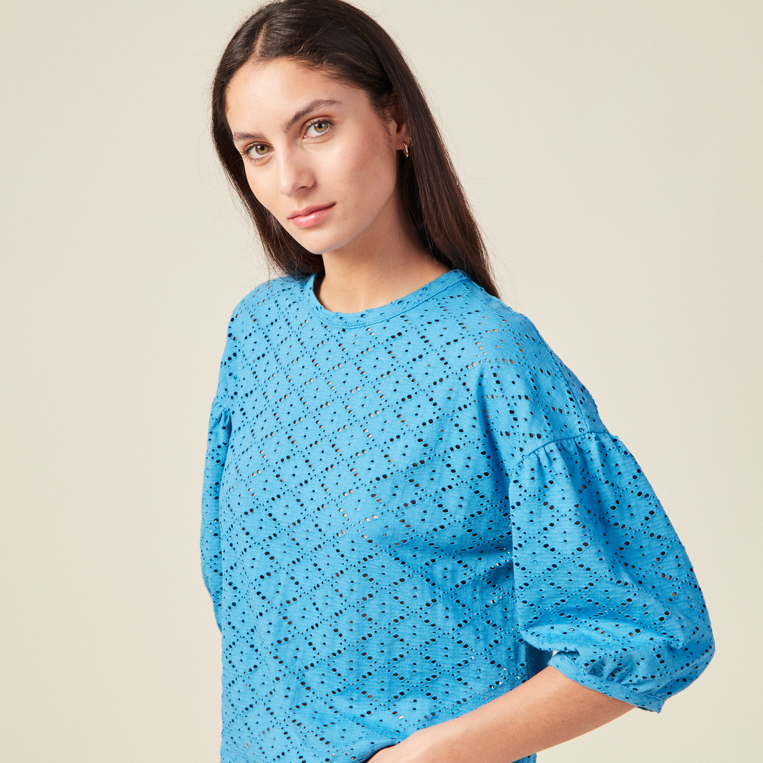 t shirt manches 34 ajoure bleu femme T-shirt manches 3/4 ajouré bleu femme
