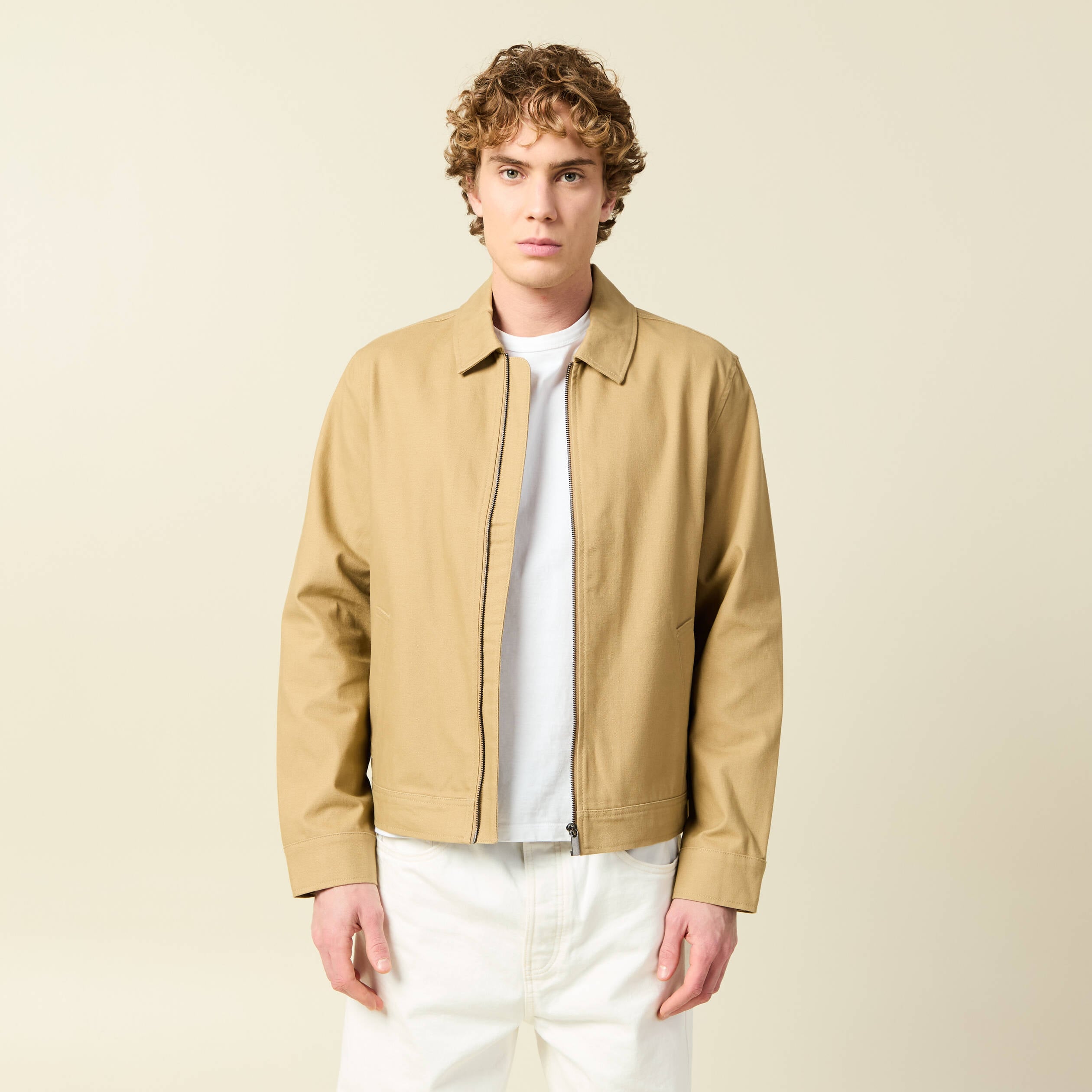 Blouson droit court en coton beige homme