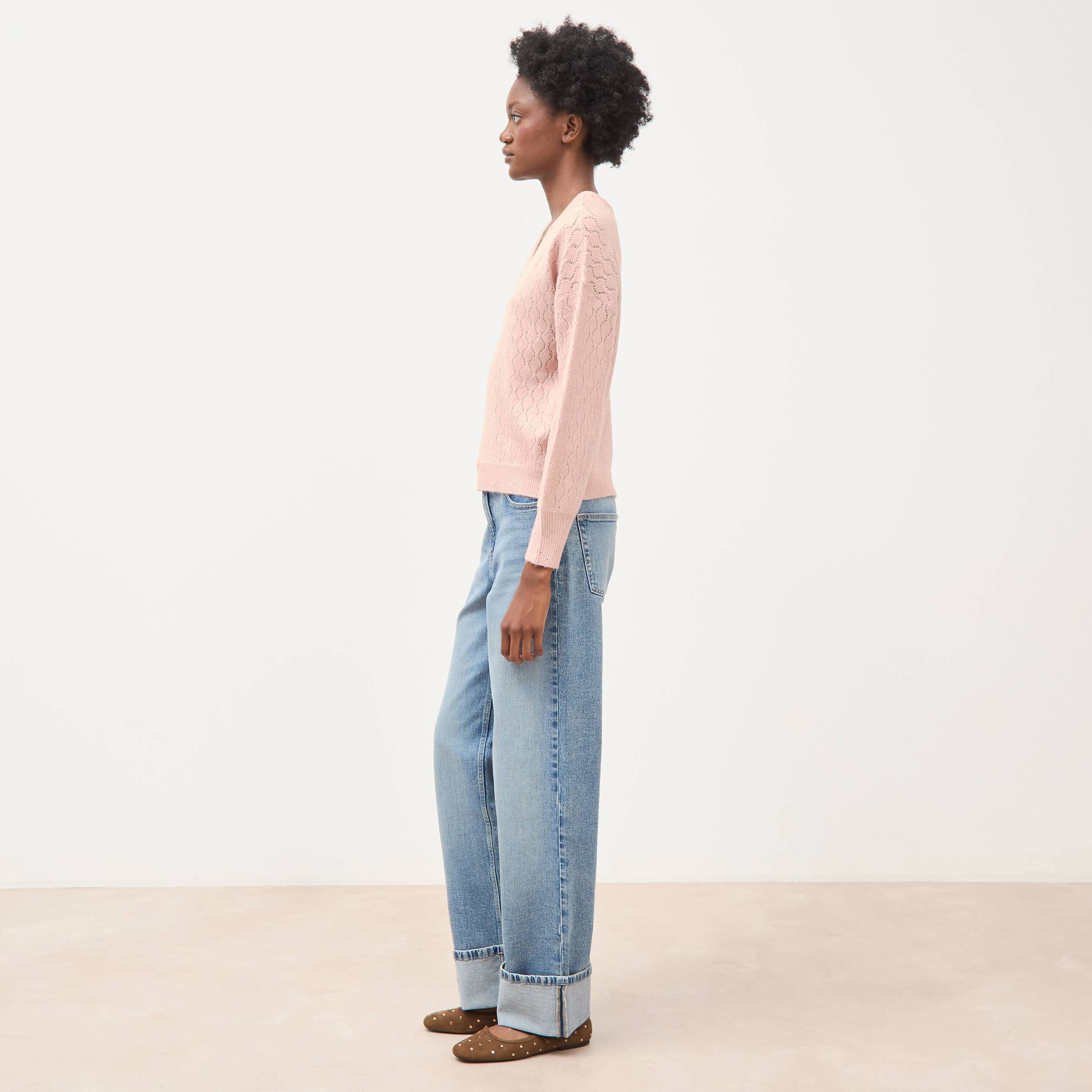 Pull oversize col v manches longues rose pastel femme