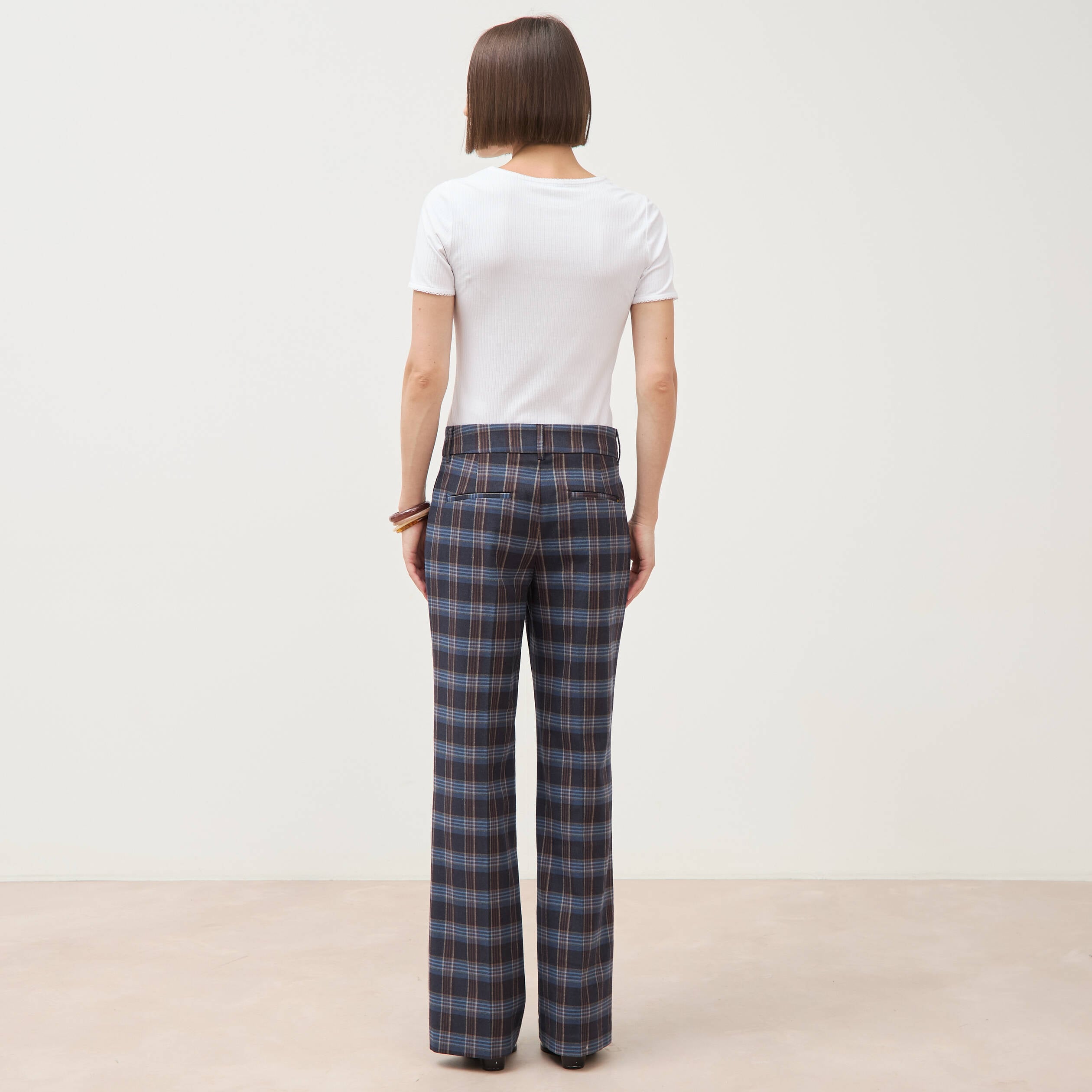 Pantalon flare &agrave; carreaux taille haute bleu gris femme