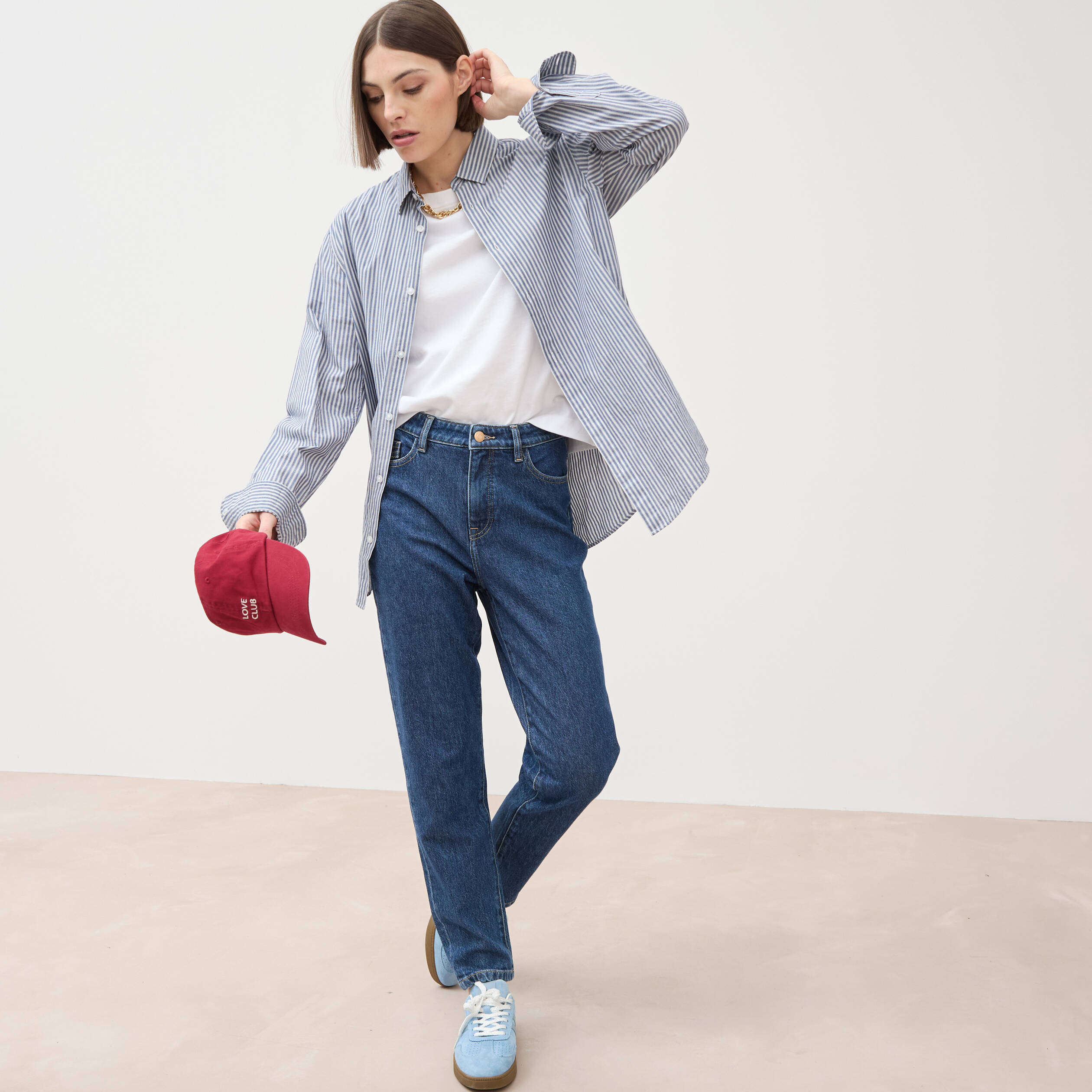 Jeans mom 7/8&egrave;me bleu clair femme