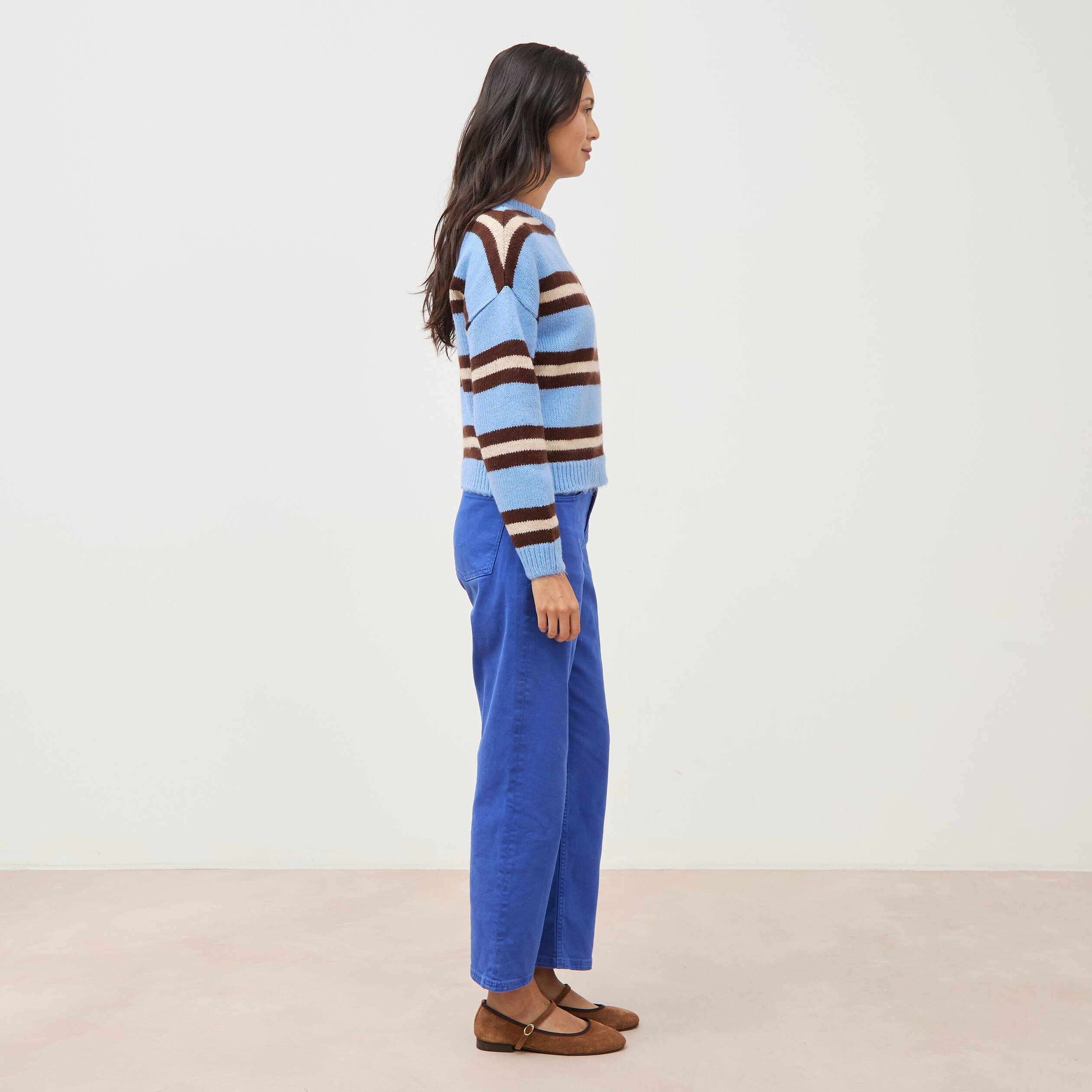 Pull droit manches longues col rond bleu femme