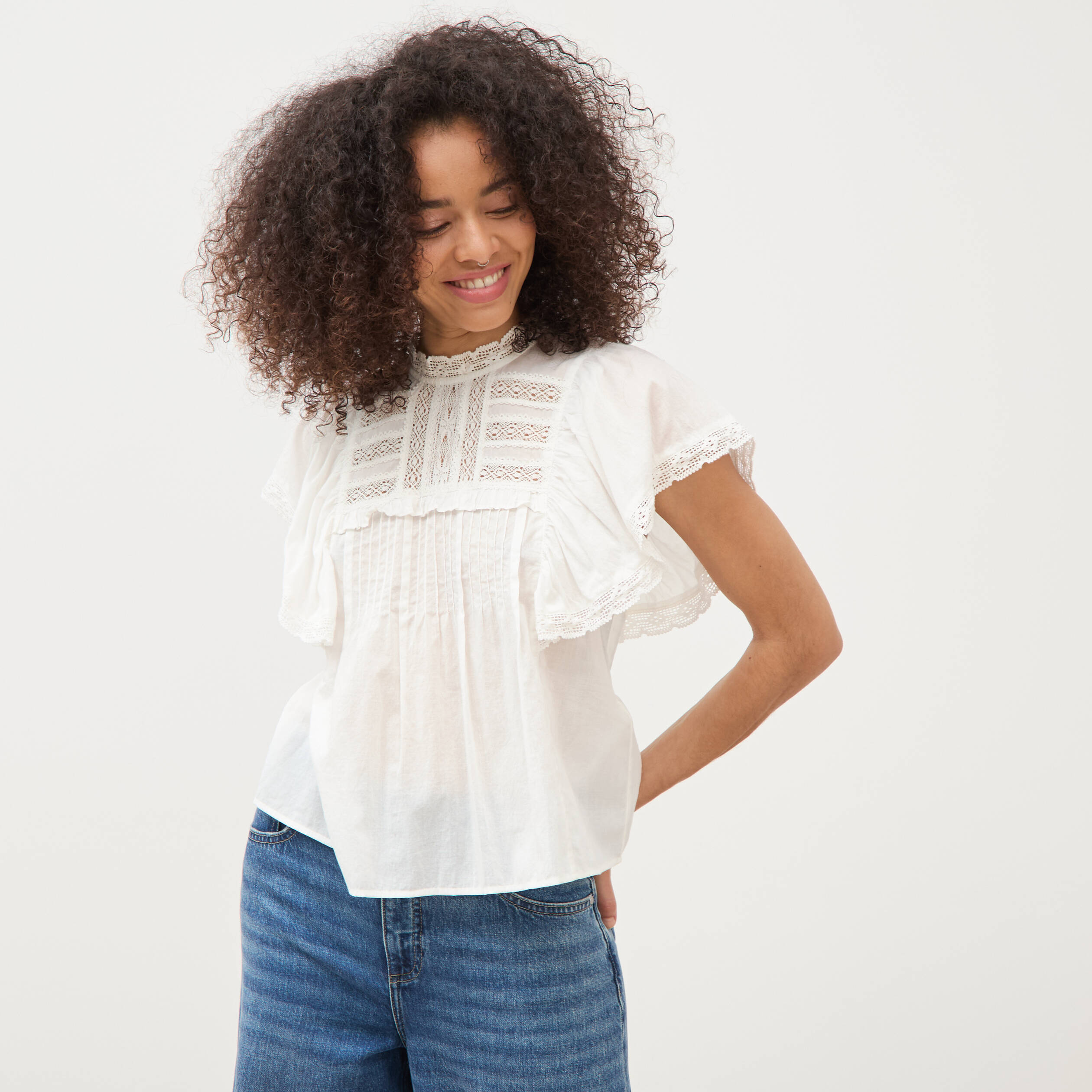 Blouse ample col montant manches courtes ecru femme