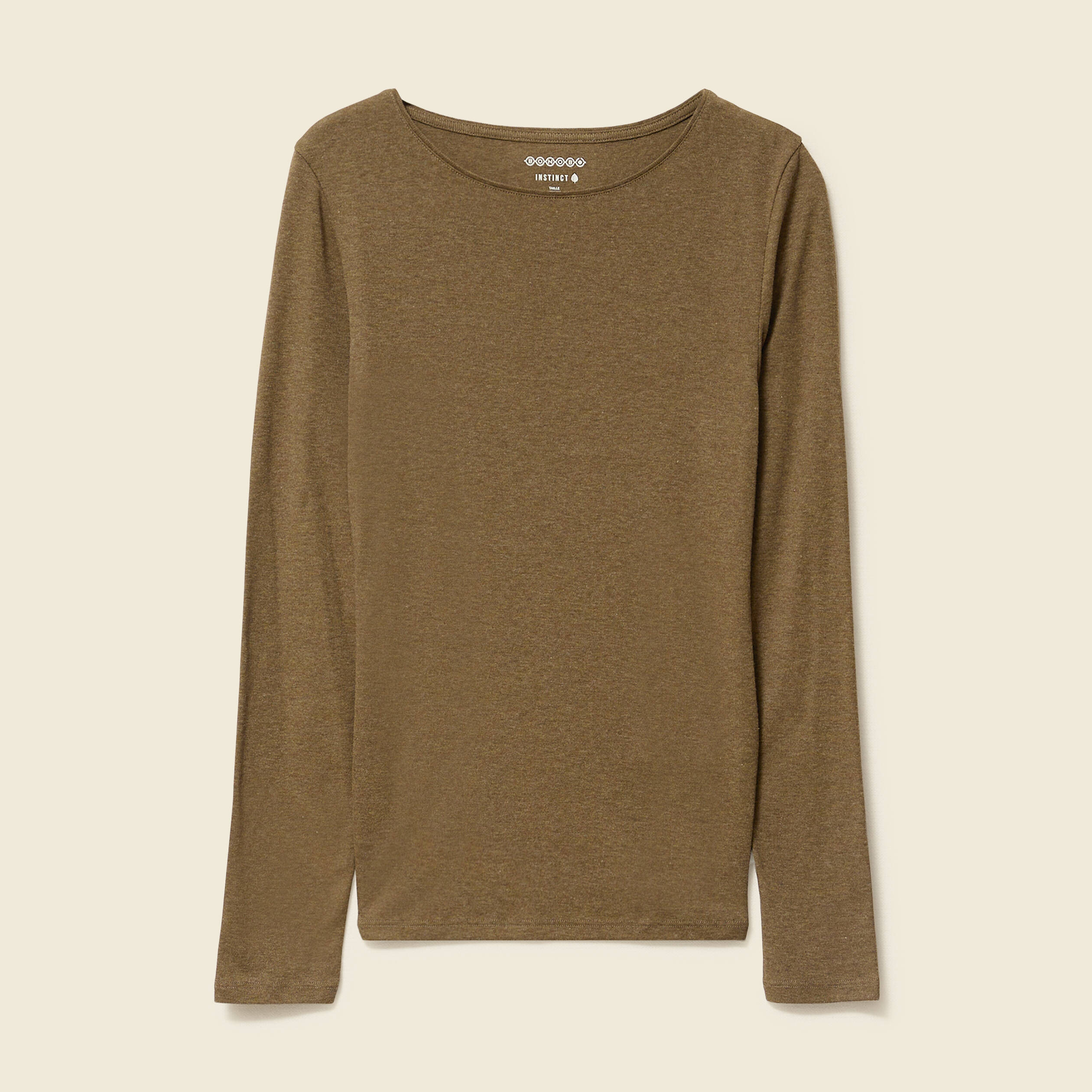 T-shirt cintr&eacute; manches longues col rond vert kaki femme