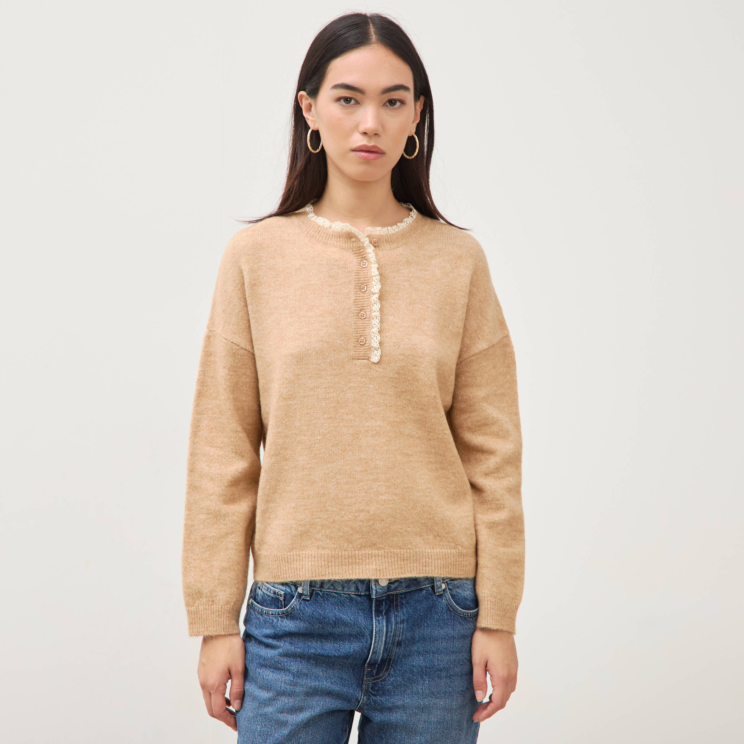 Pull col tunisien manches longues marron clair femme