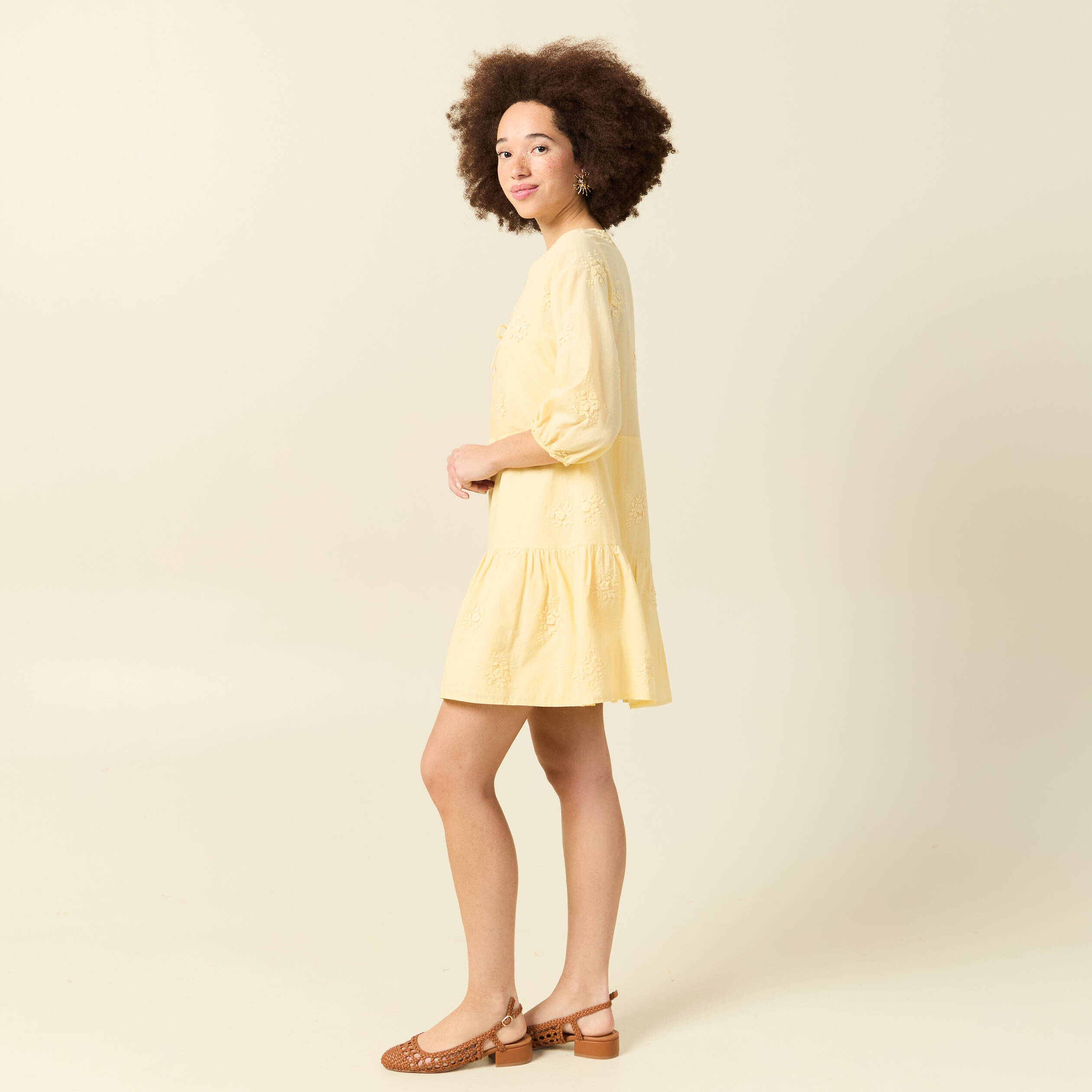 Robe col v manches 3/4 en coton jaune clair femme