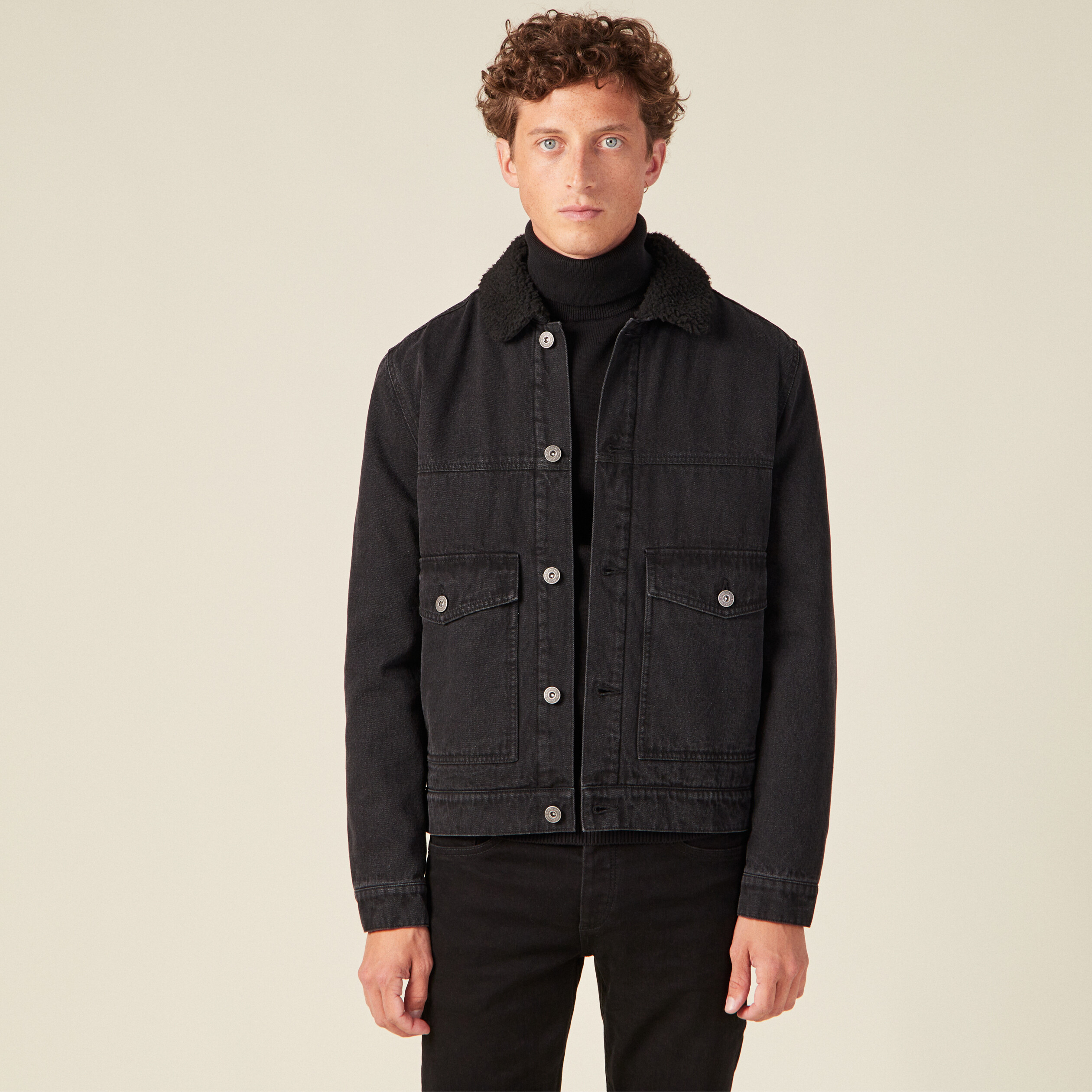 Veste droite en jean denim noir homme