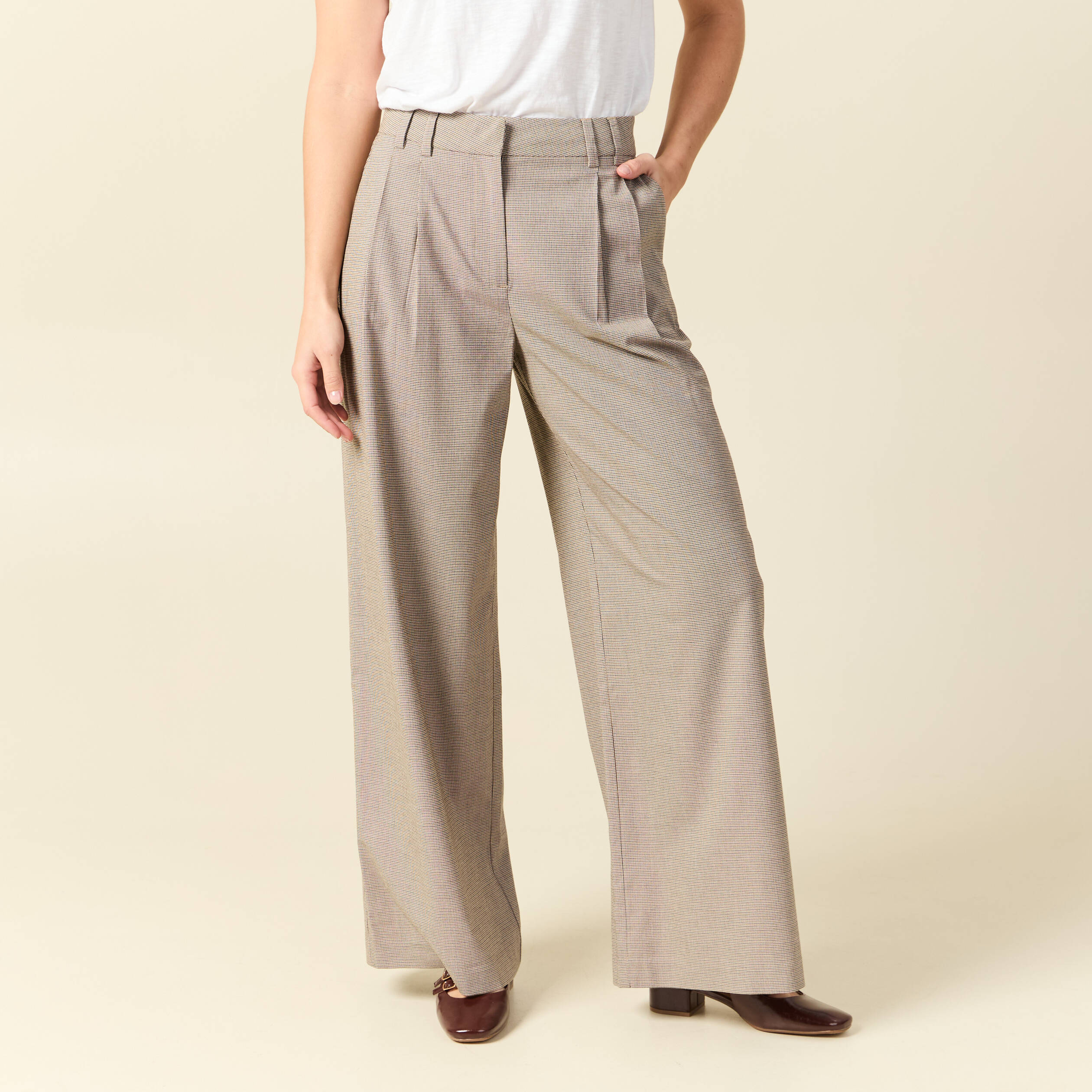 Pantalon large taille haute fluide beige femme