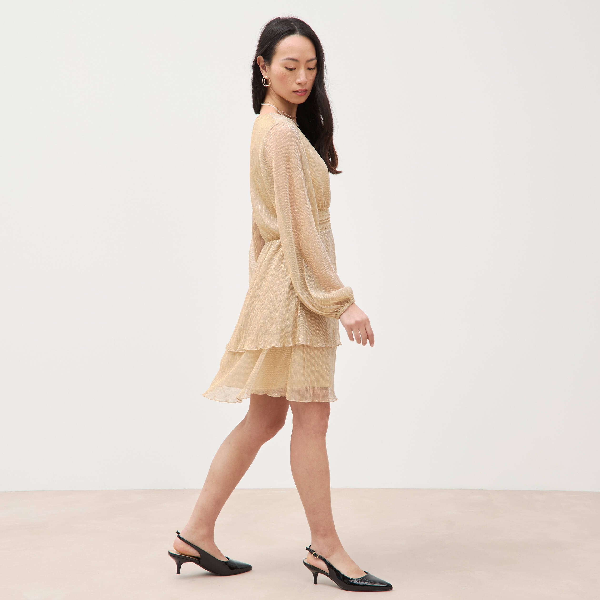 Robe manches longues doubl&eacute;e beige femme