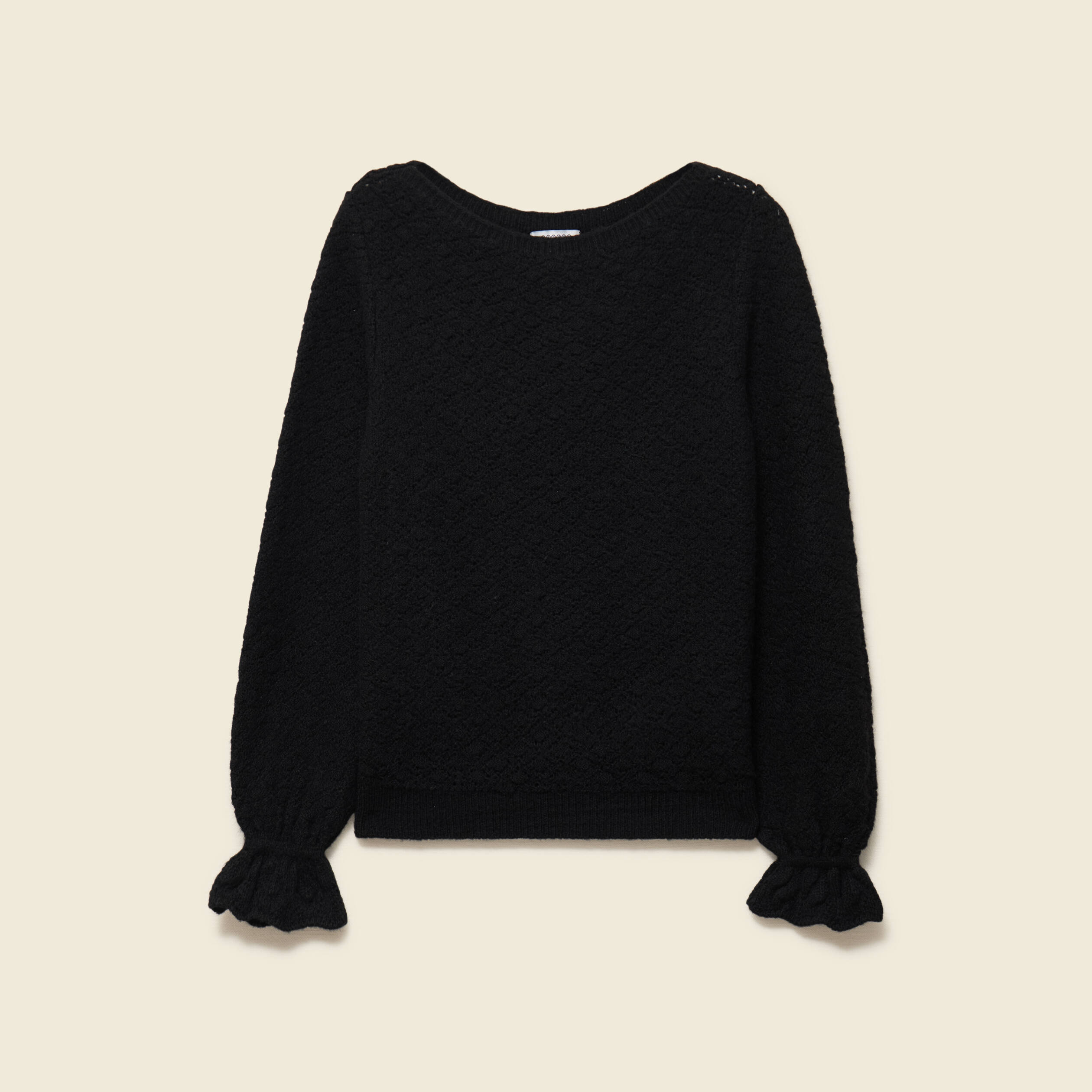 Pull ajour&eacute; col bateau manches longues noir femme