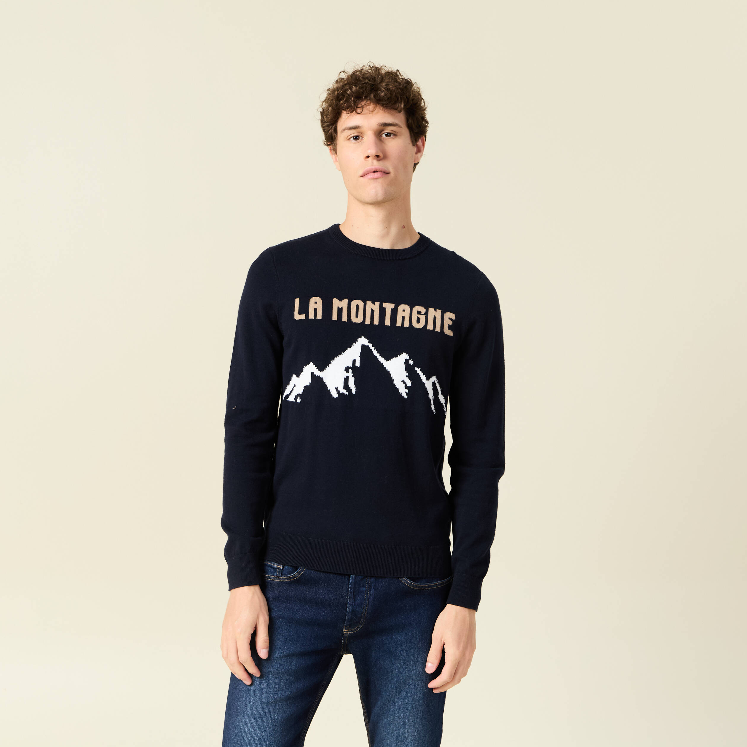 Pull col rond manches longues en coton bleu fonc&eacute; homme