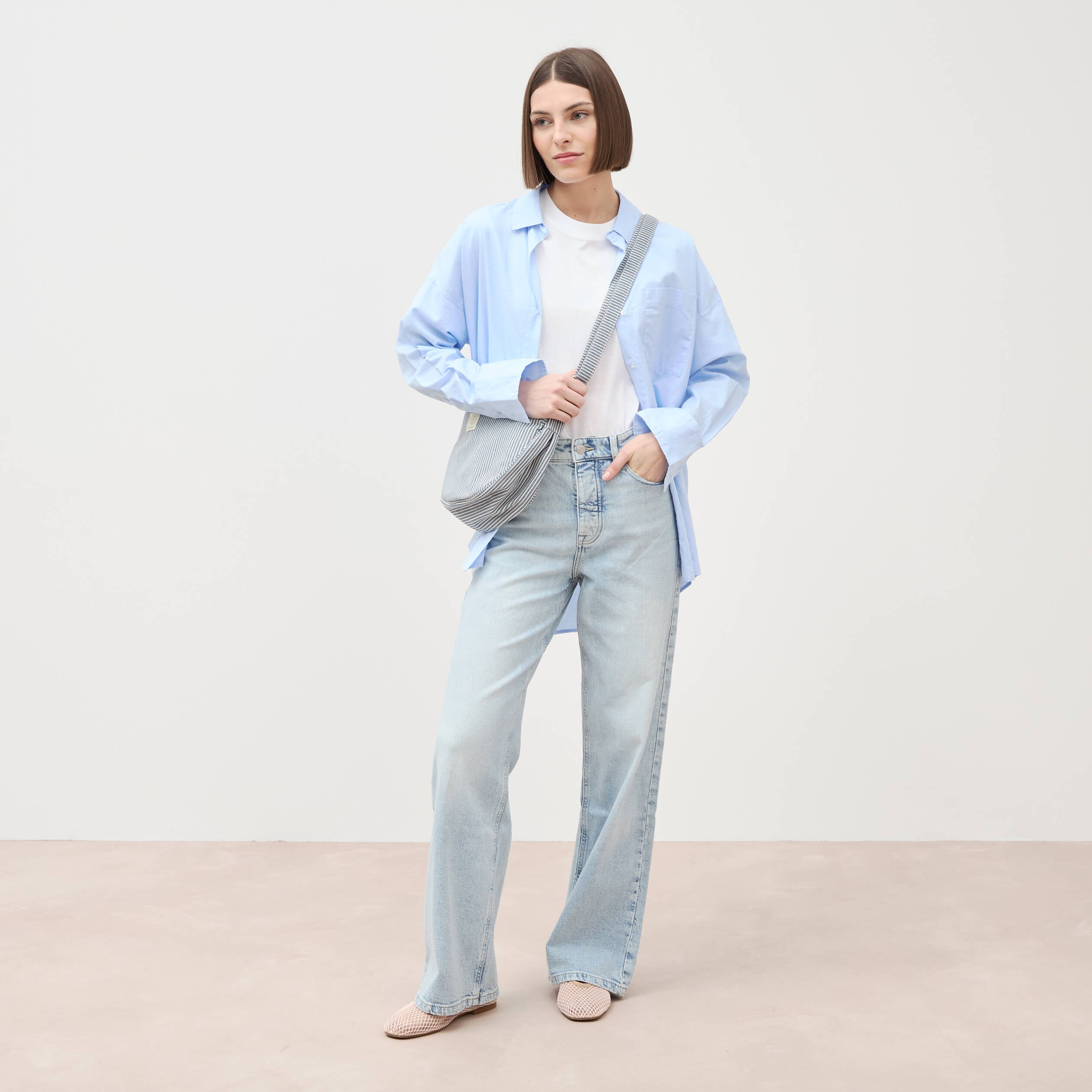 Jeans large taille haute denim bleach femme