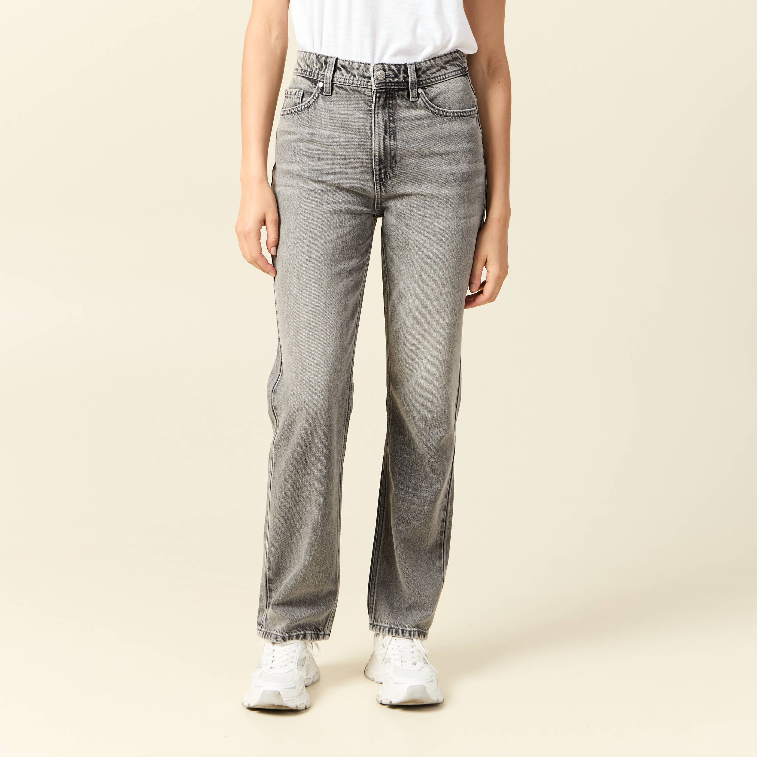 Jeans straight taille haute 7/8&egrave;me denim gris clair femme