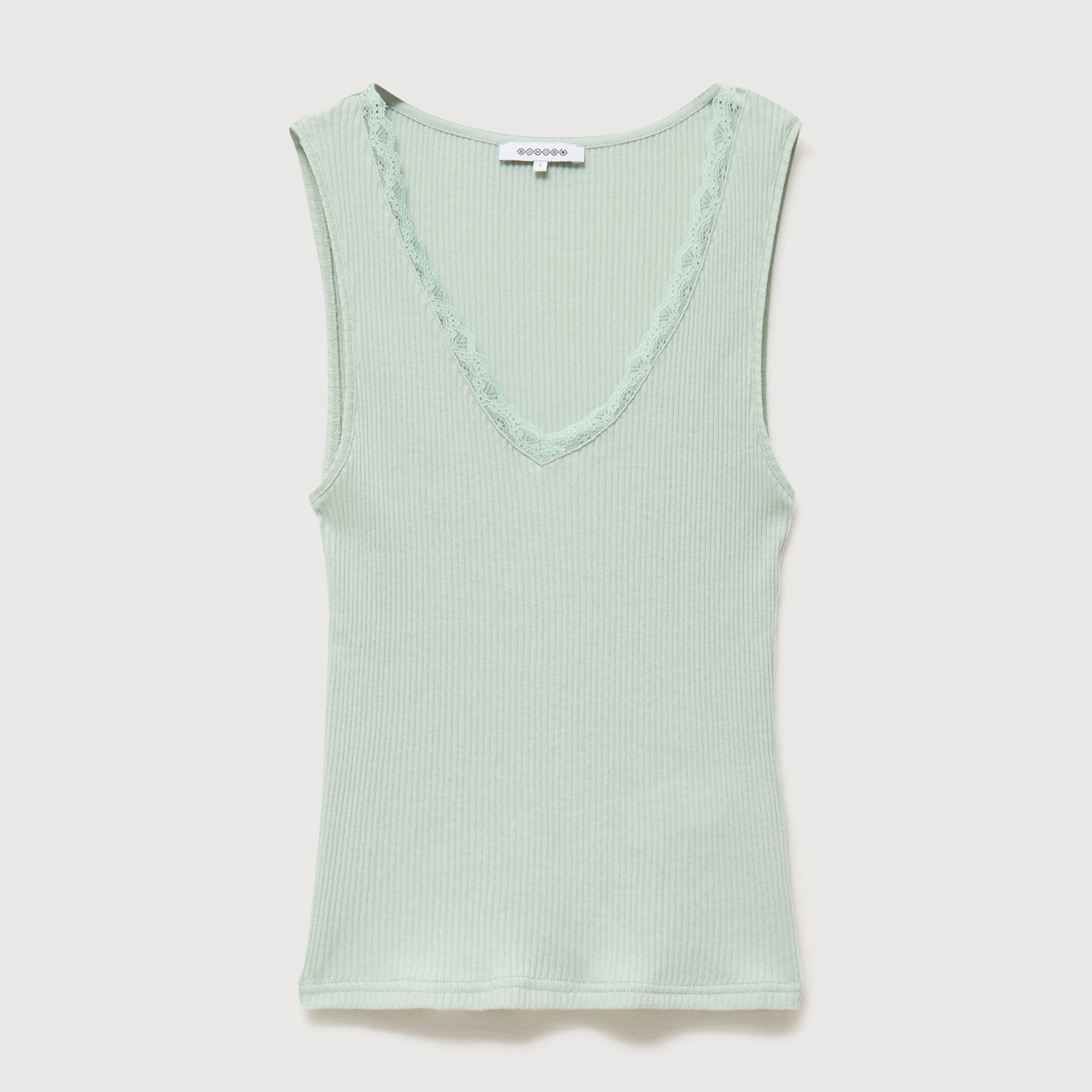 D&eacute;bardeur col v bretelles dentelle vert pastel femme