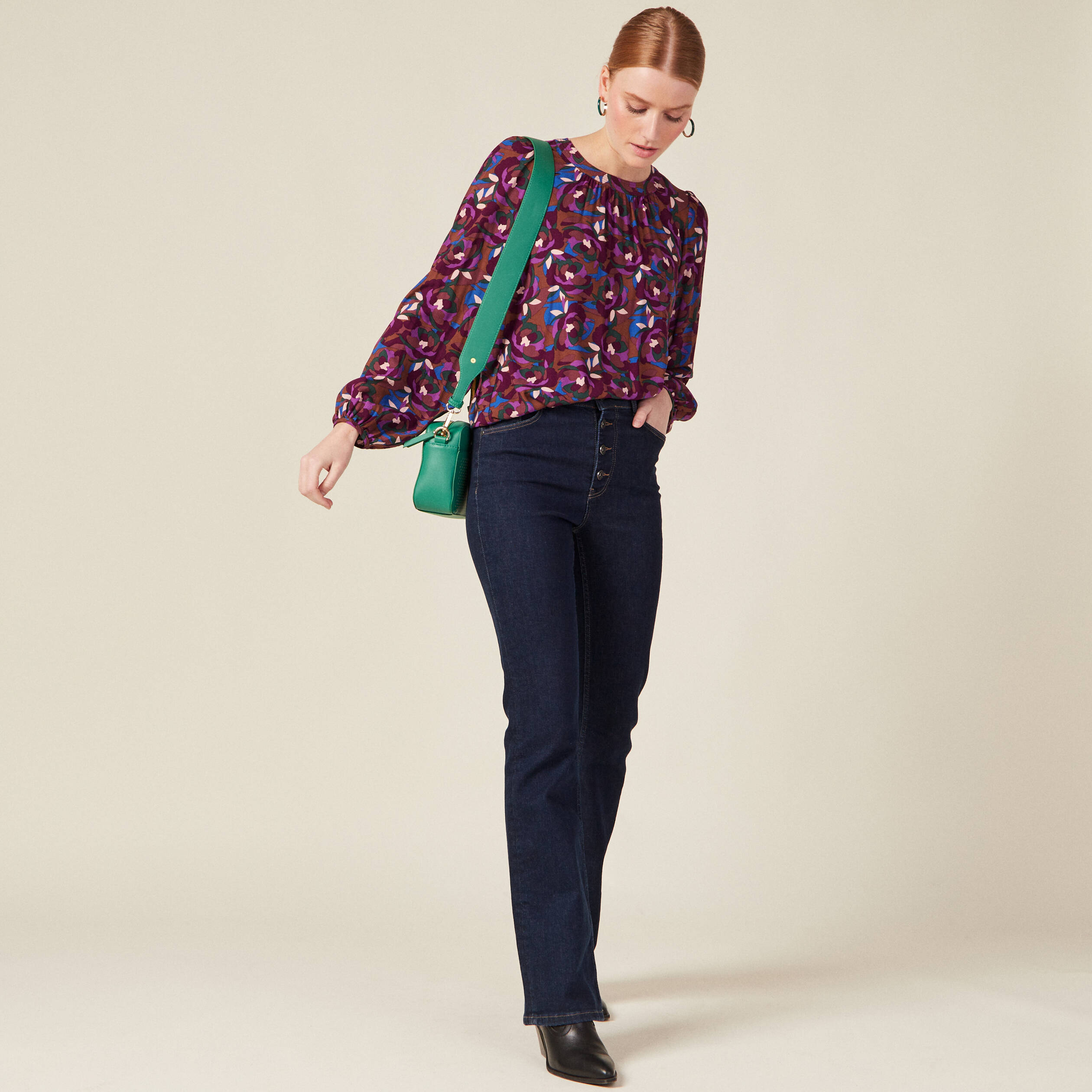 Blouse manches longues col rond marron femme