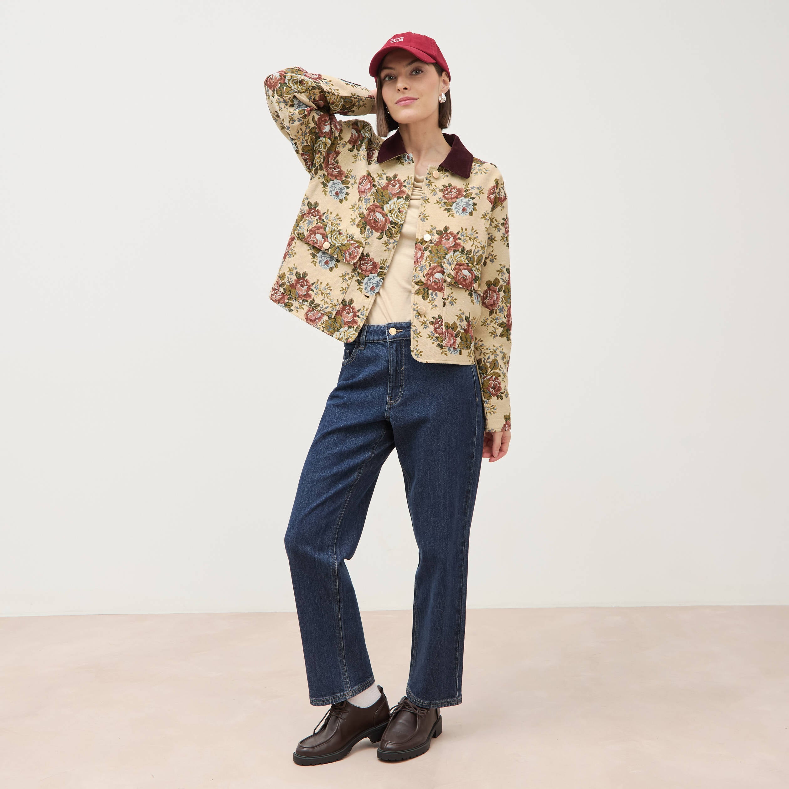 Jeans straight 7/8&egrave;me taille haute denim brut femme