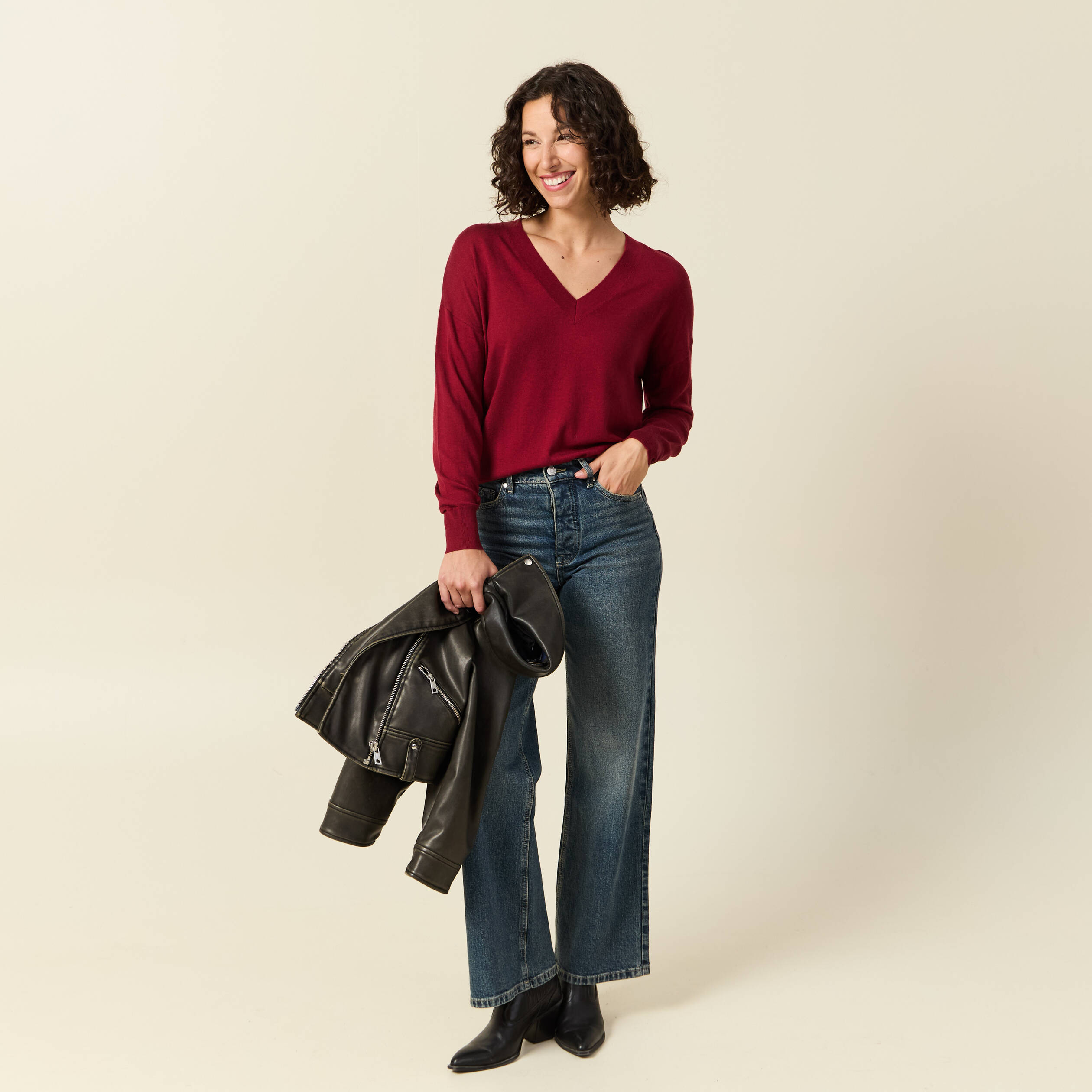 pull fin col v manches longues rouge femme Pull fin col V manches longues rouge femme