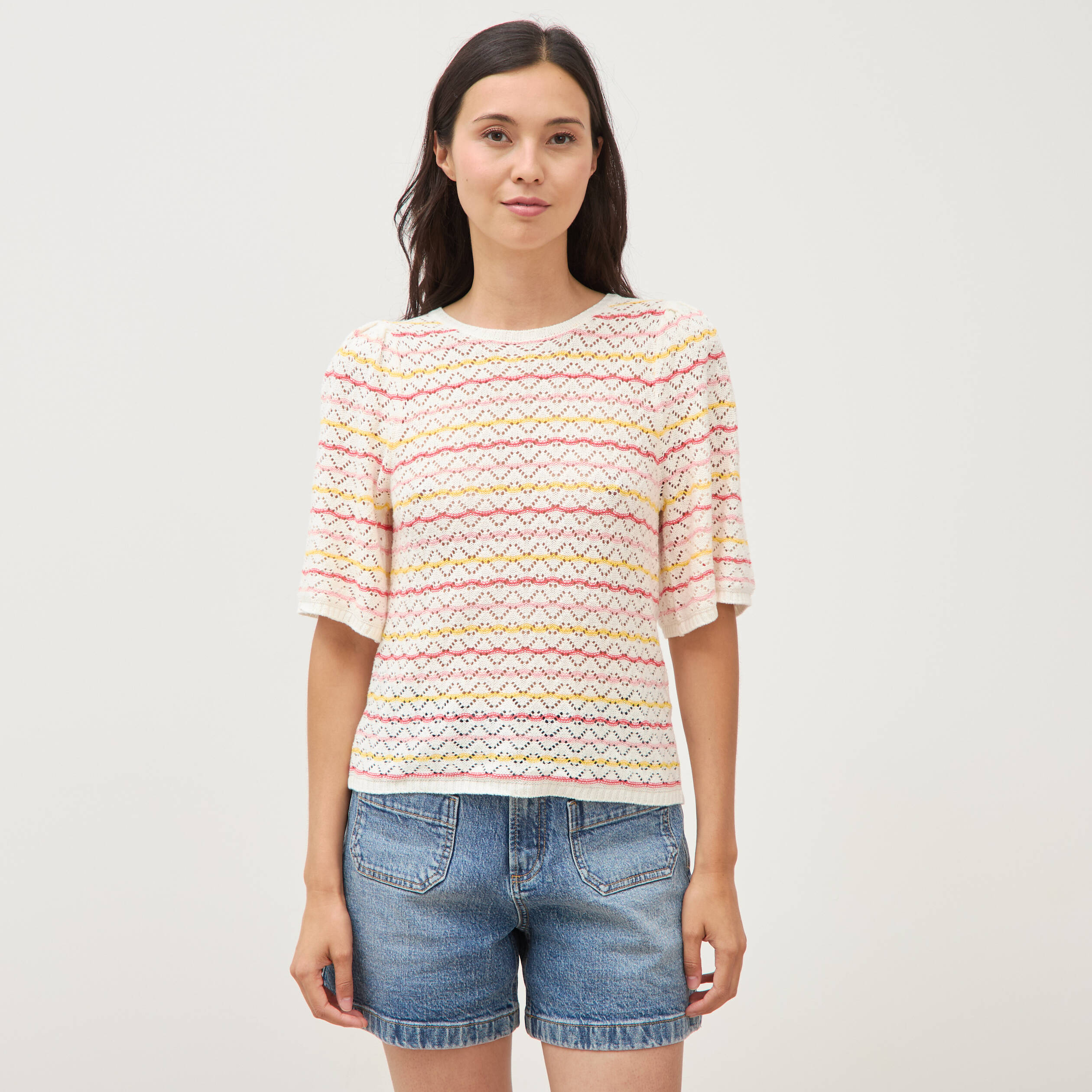 Pull col bateau manches courtes rose femme