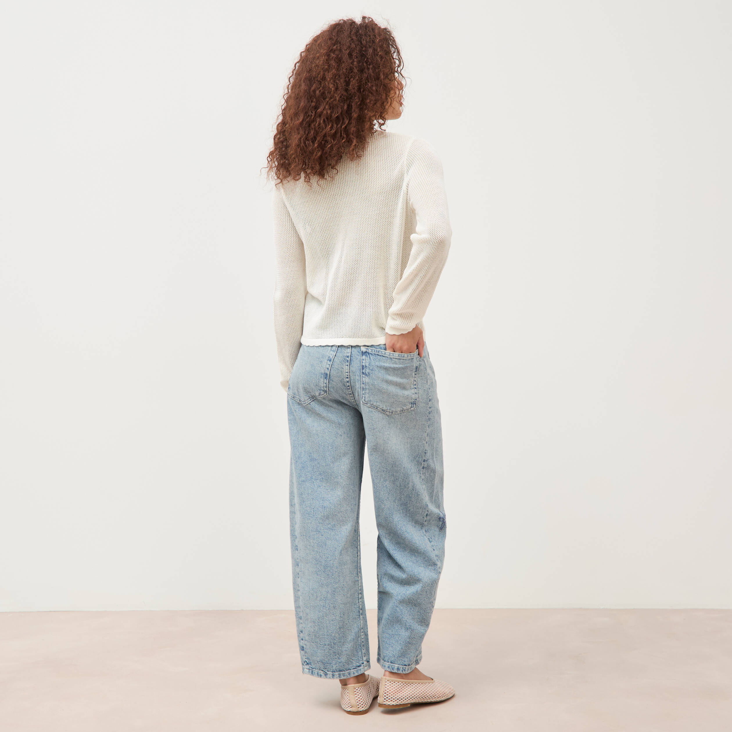 Pull ajour&eacute; col rond manches longues ecru femme