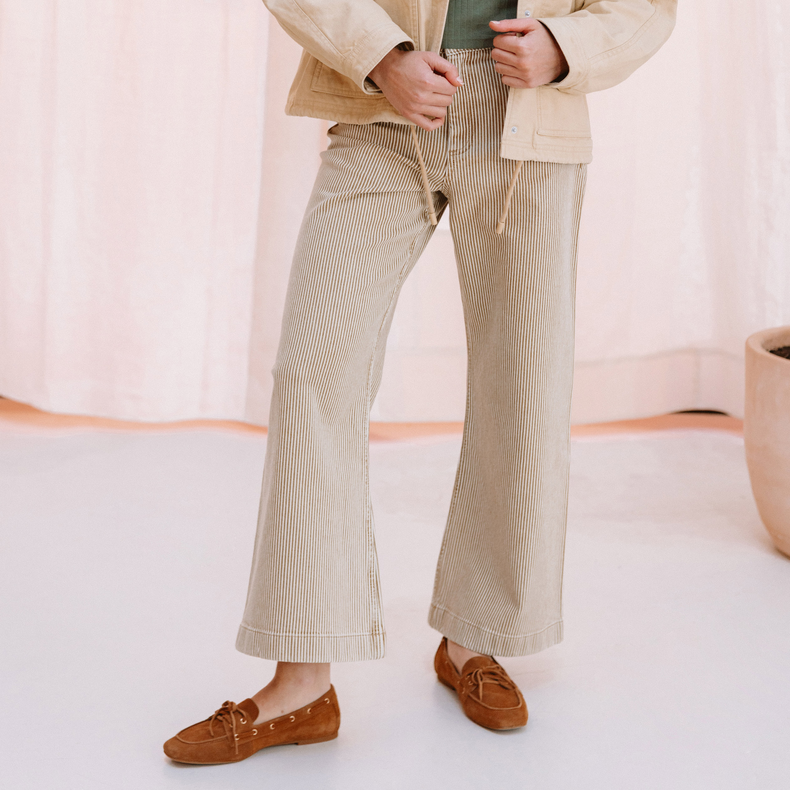 Jeans large ray&eacute; taille haute 7/8&egrave;me beige femme