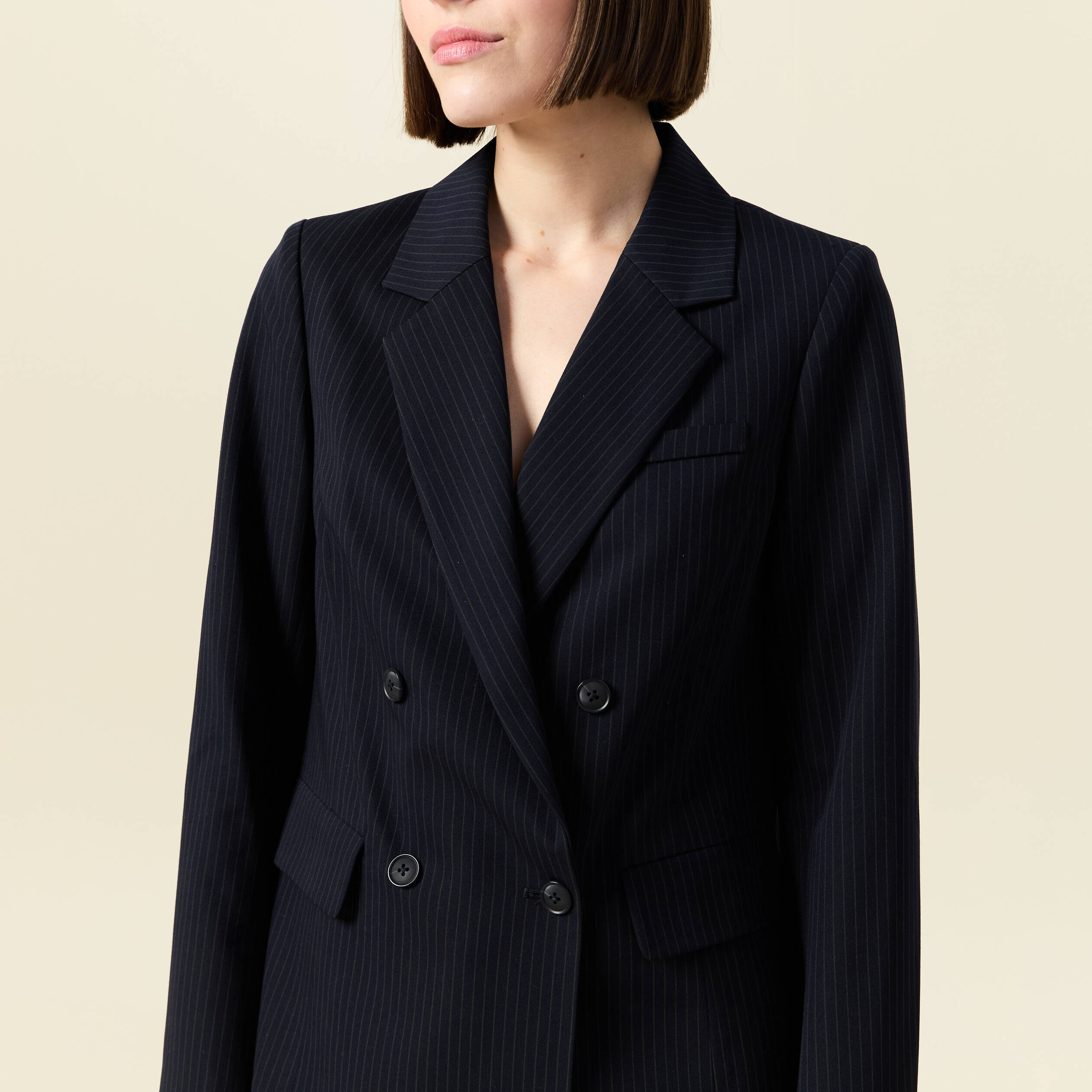 Blazer manches longues col tailleur bleu marine femme