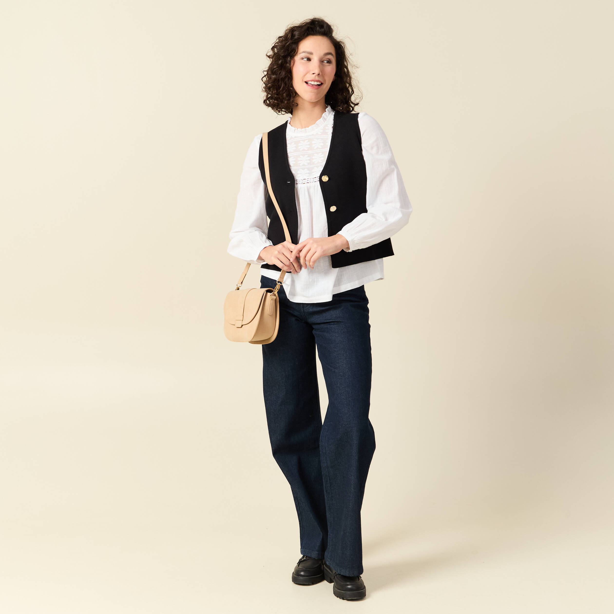 Chemise col montant manches longues ecru femme