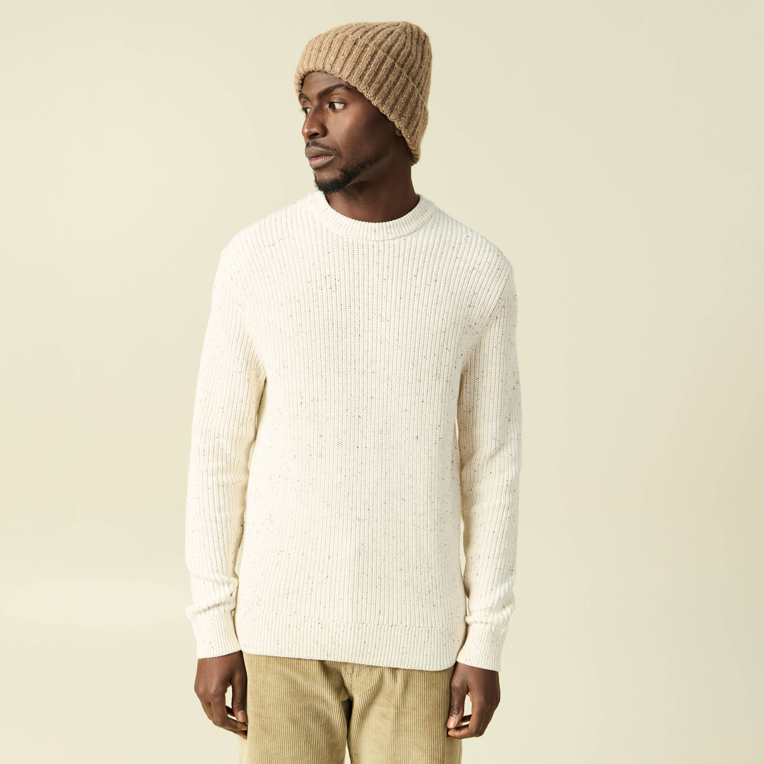Pull col rond manches longues en coton ecru homme