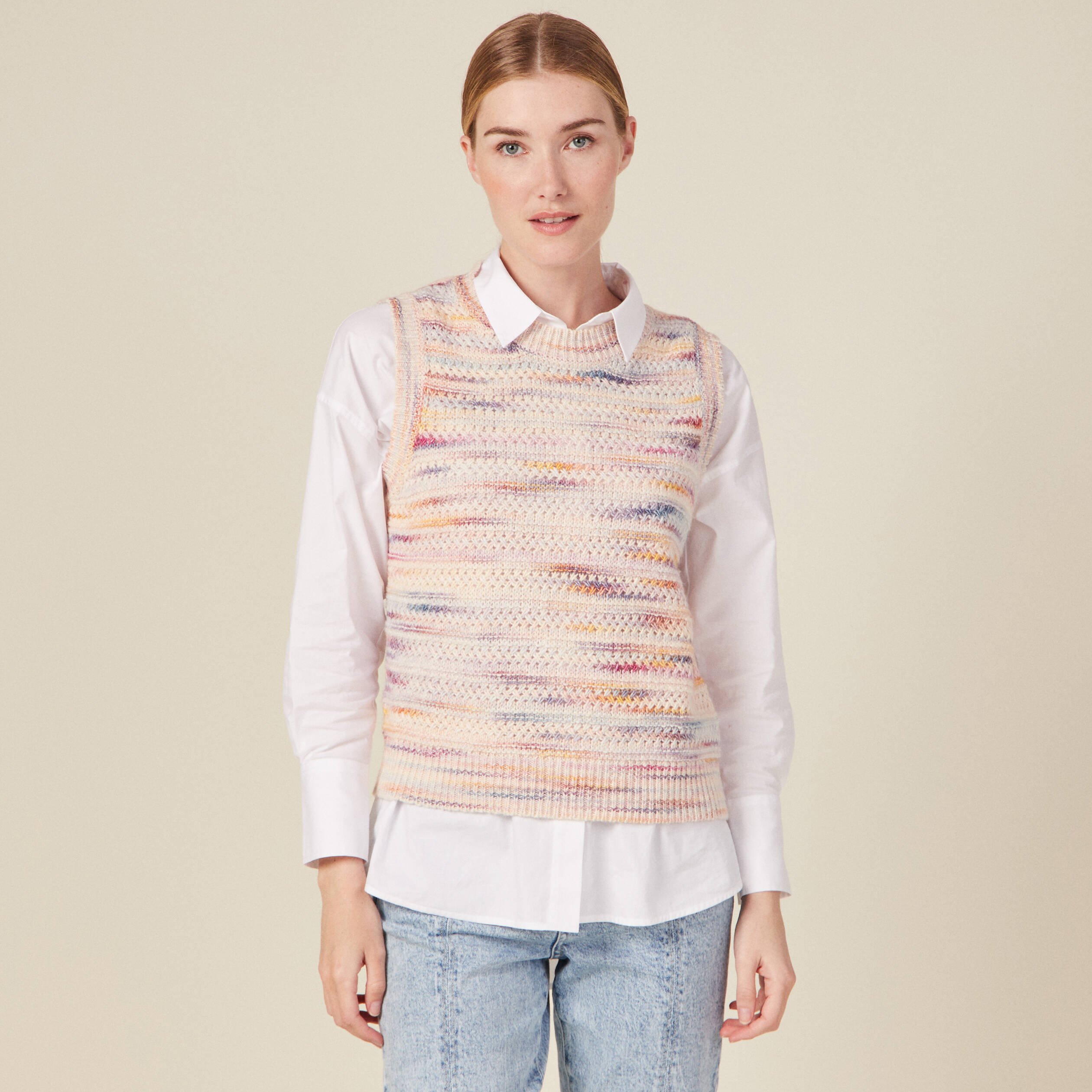 pull sans manches ajoure creme femme Pull sans manches ajouré creme femme